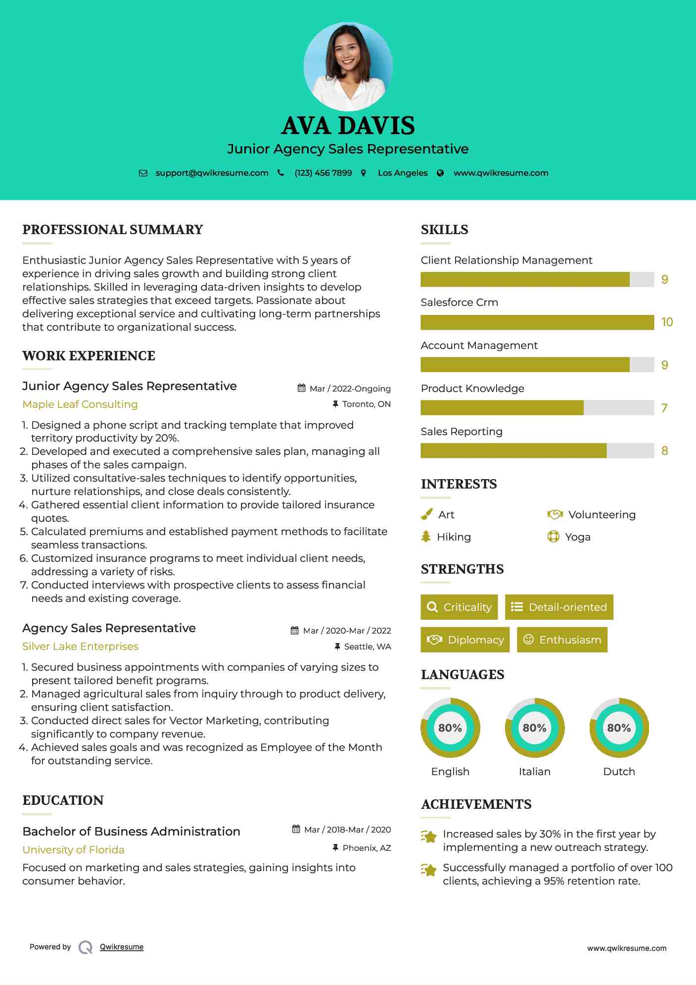 Junior Agency Sales Representative Resume Sample