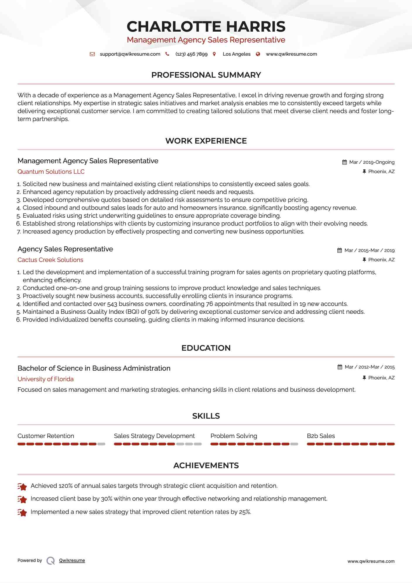 Management Agency Sales Representative Resume Sample