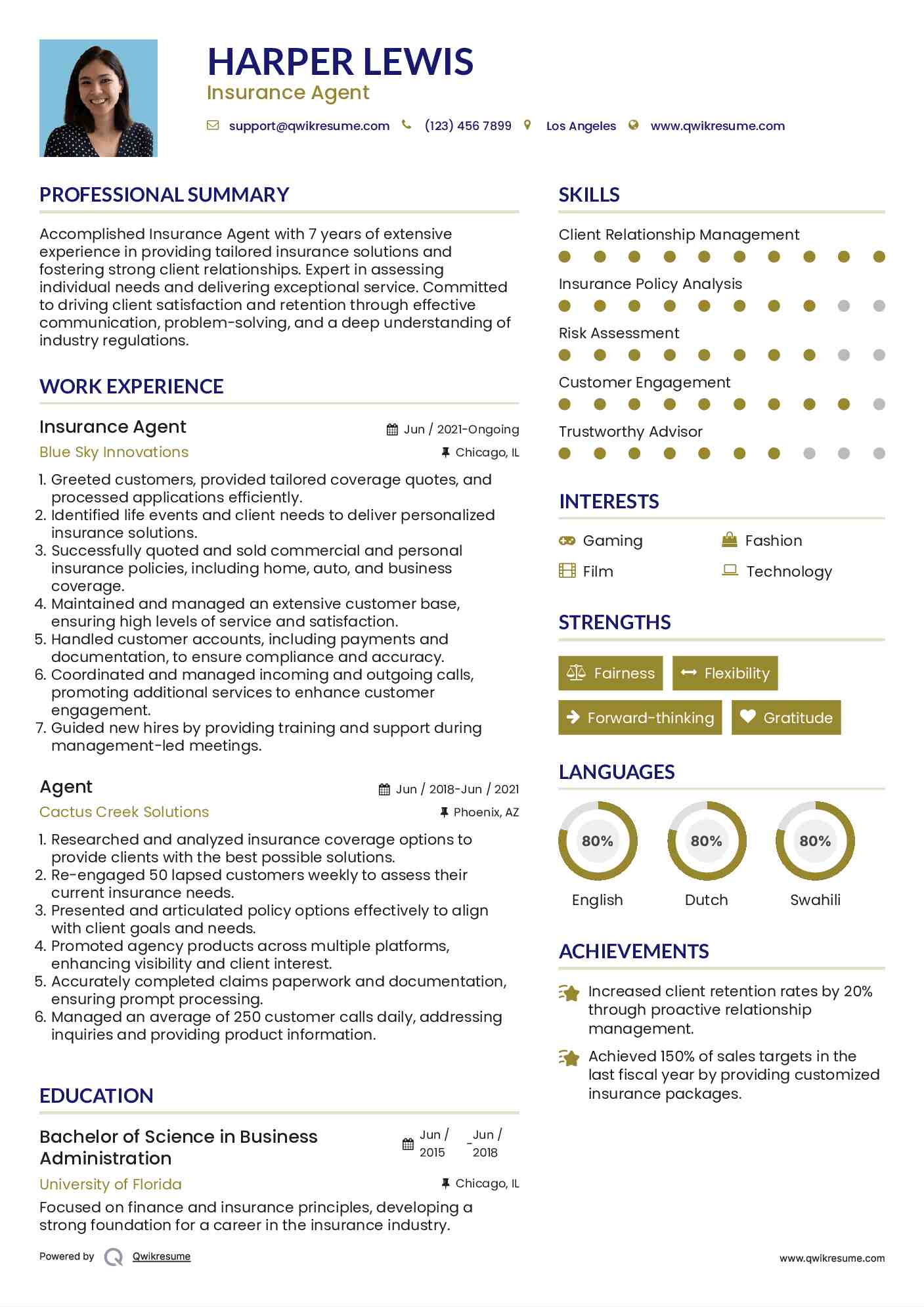 Insurance Agent Resume Example