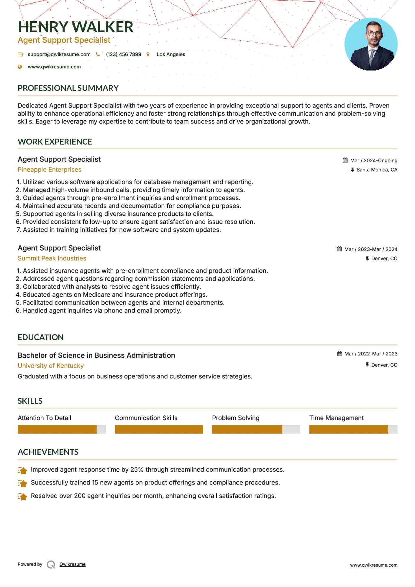 Agent Support Specialist Resume Example