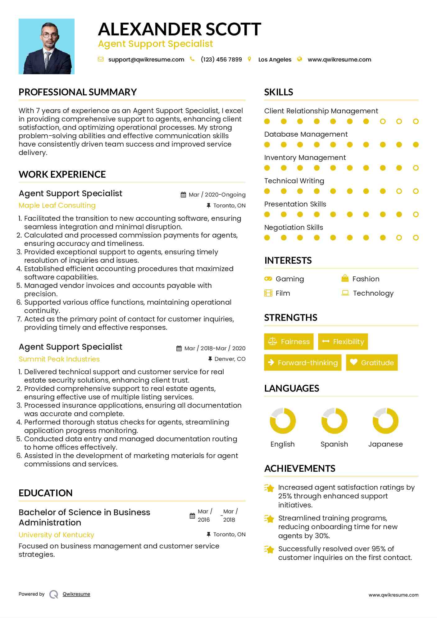 Agent Support Specialist Resume Model