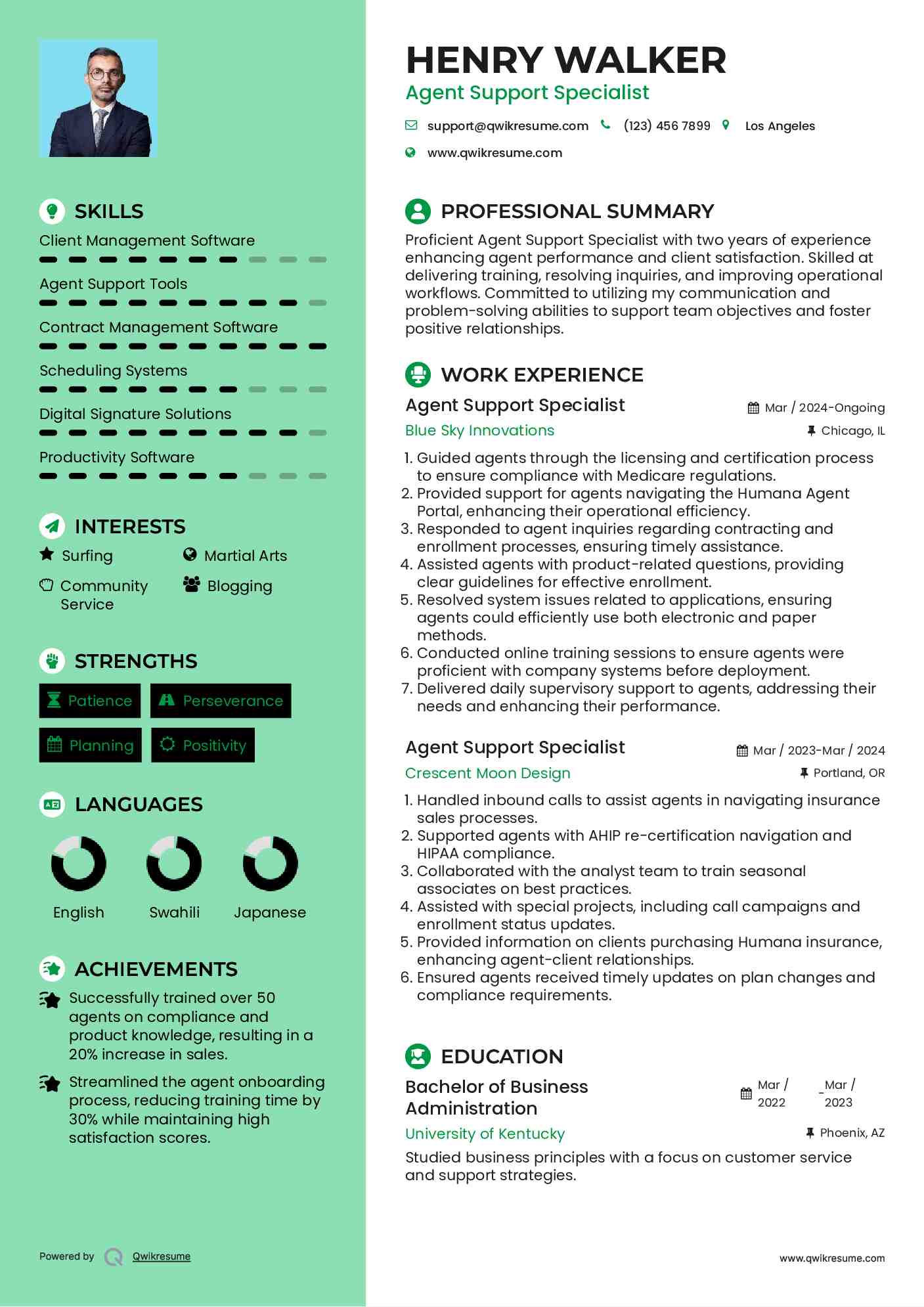 Agent Support Specialist Resume Template