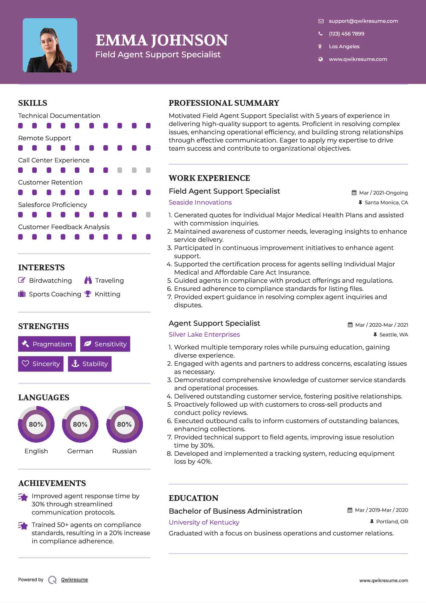 Field Agent Support Specialist Resume Example