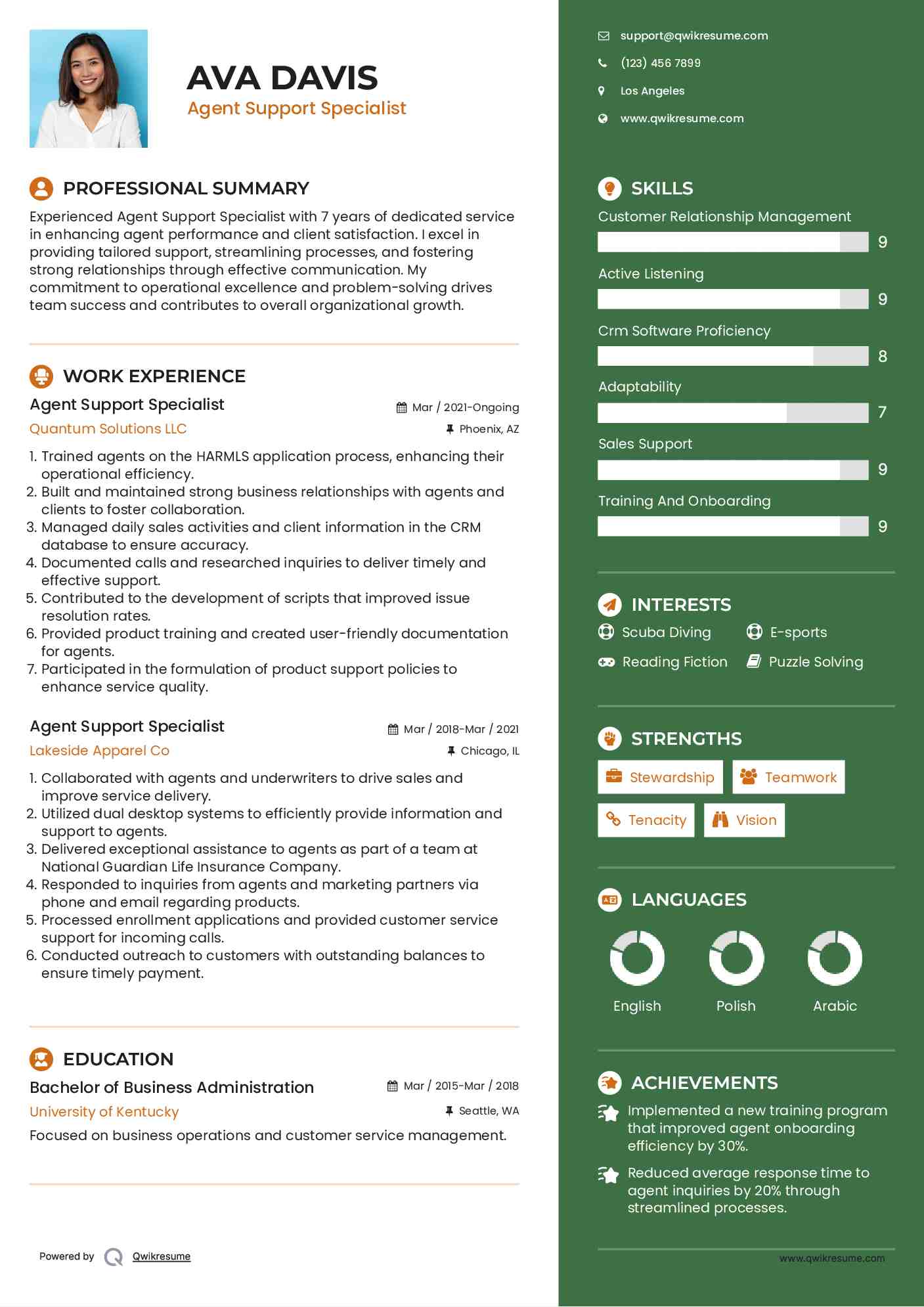 Agent Support Specialist Resume Example