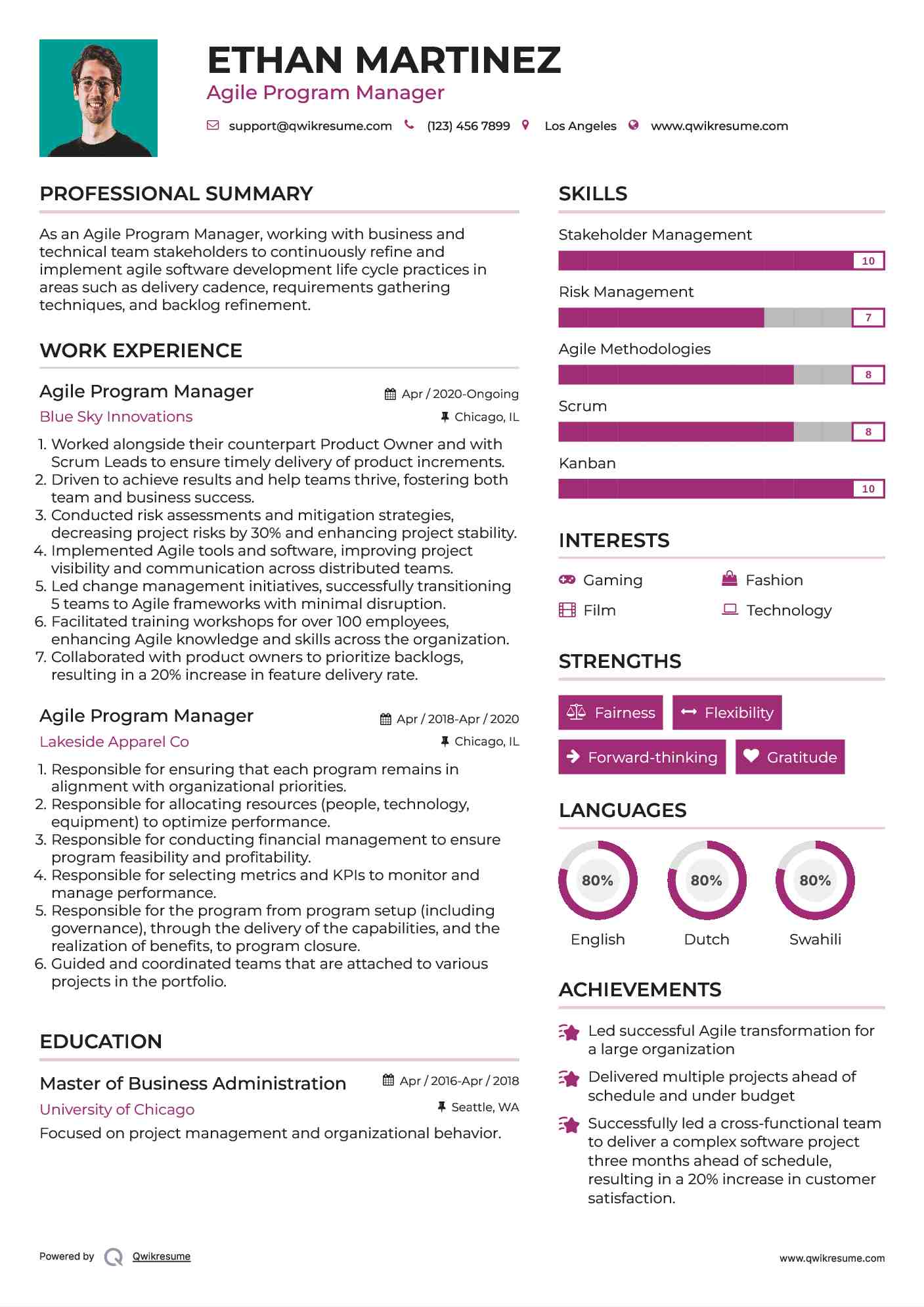 Agile Program Manager Resume Template