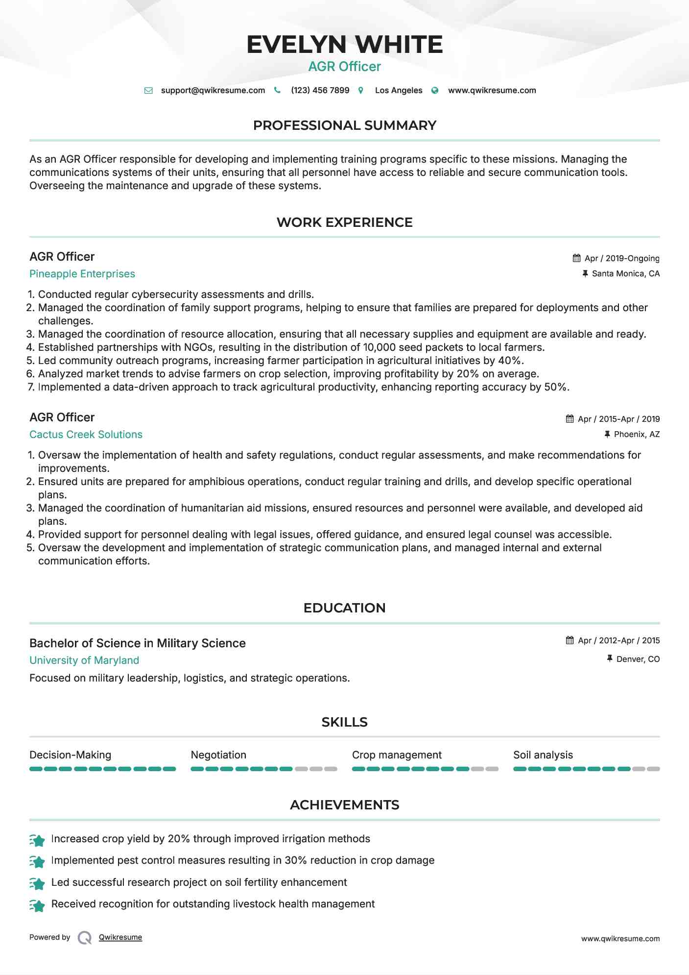 AGR Officer  Resume Sample