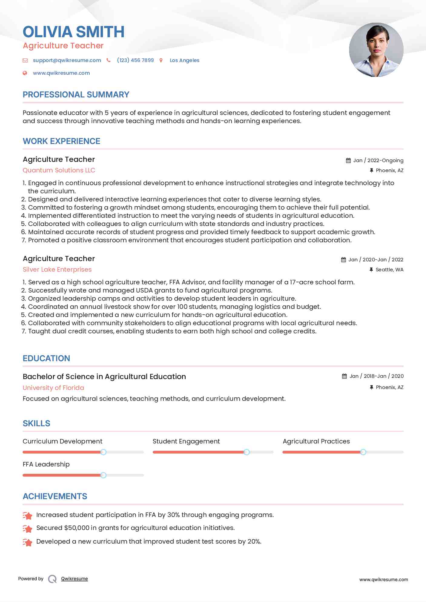 Agriculture Teacher Resume Sample