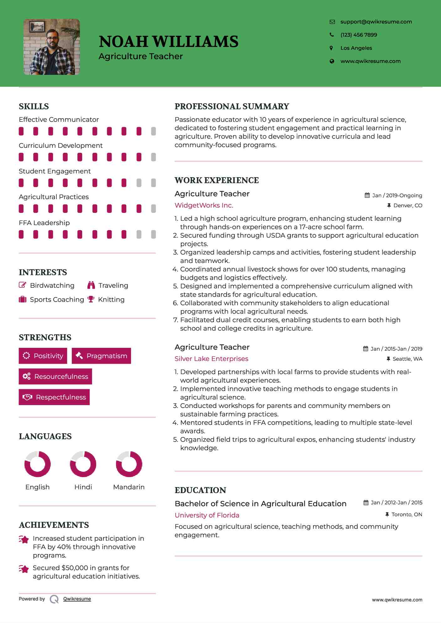 Agriculture Teacher Resume Sample