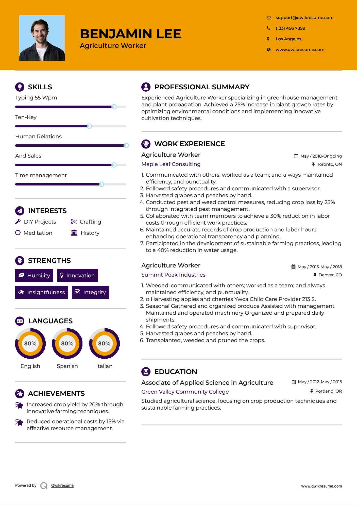 Agriculture Worker Resume Sample