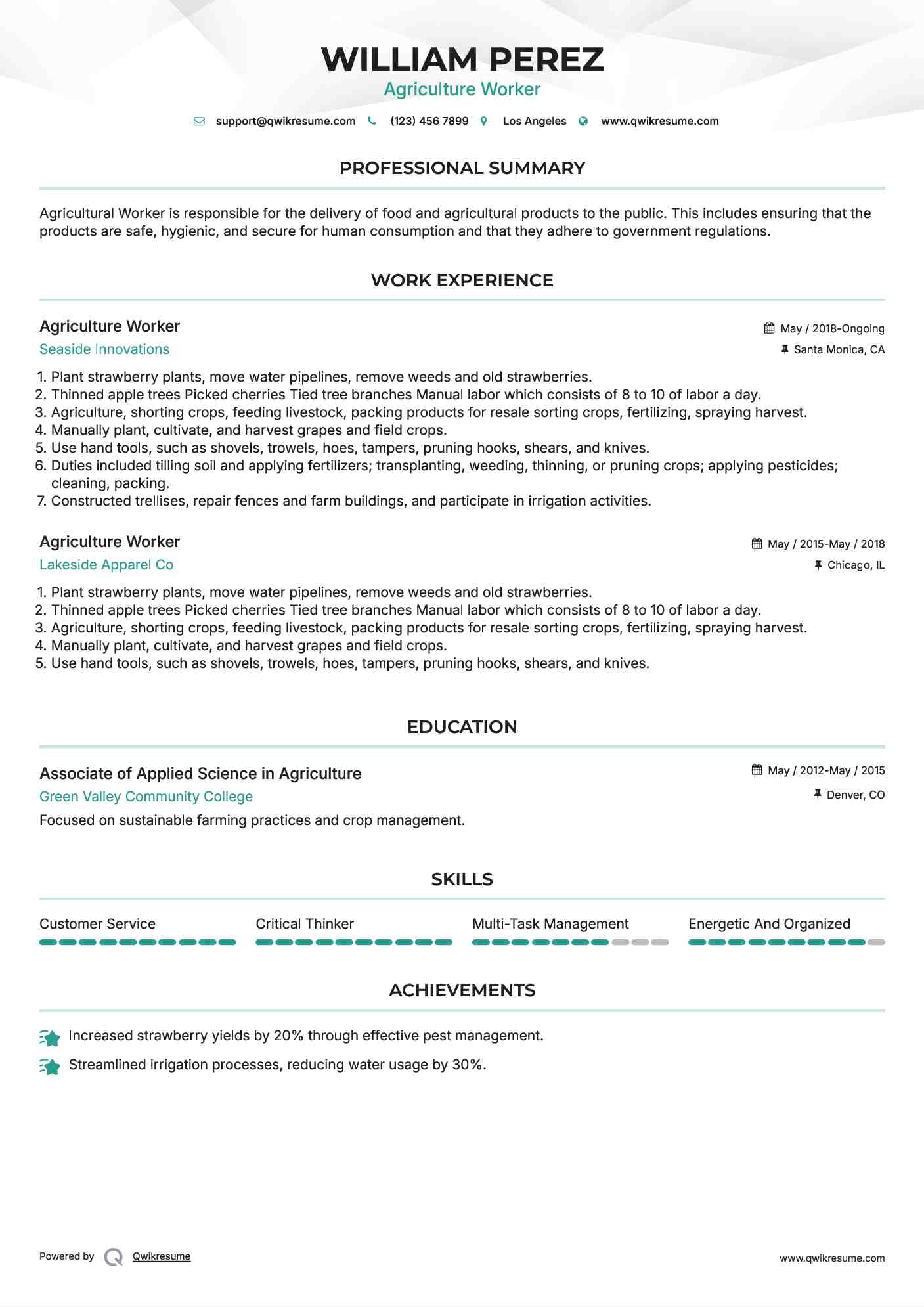 Agriculture Worker Resume Template