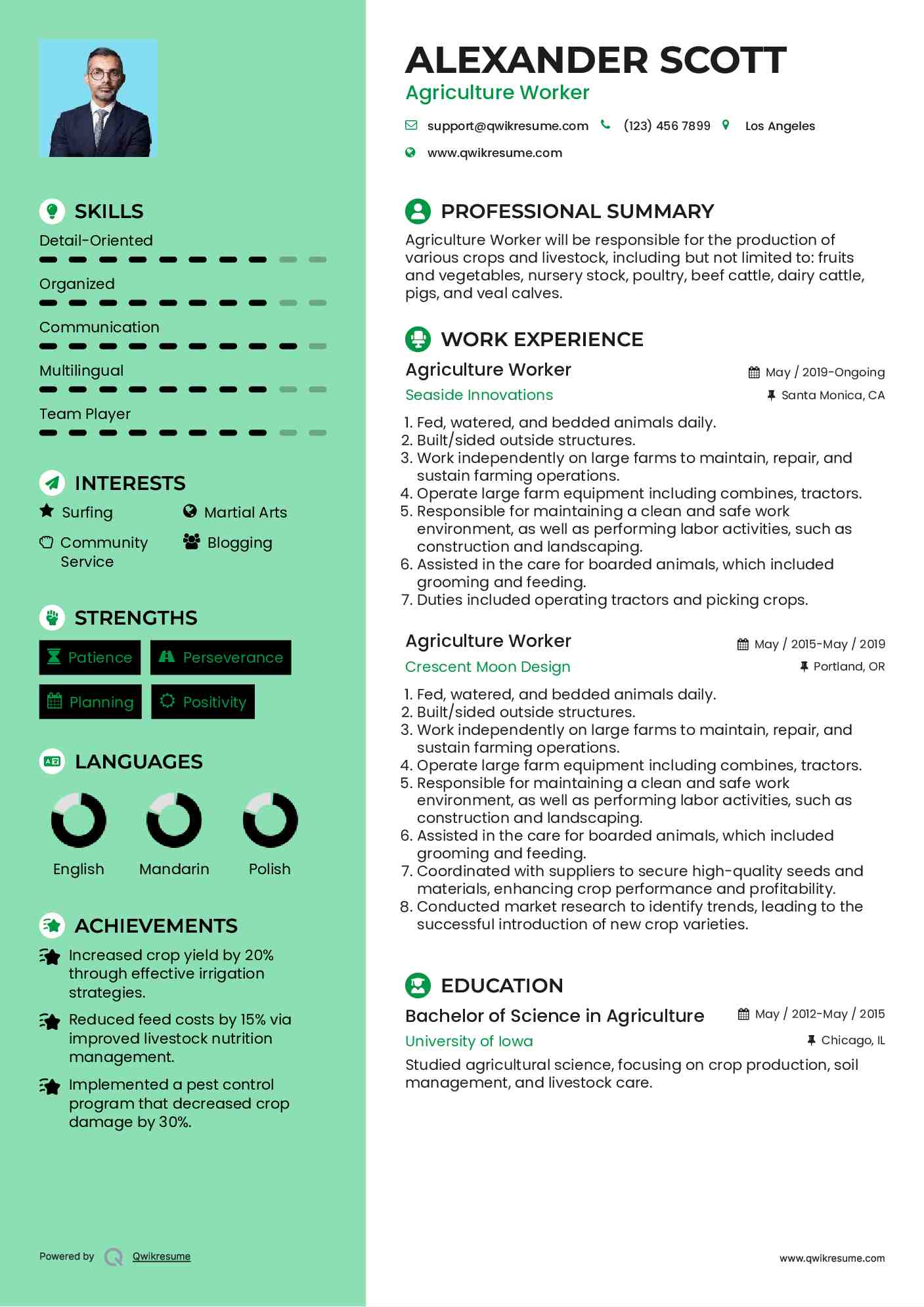 Agriculture Worker Resume Sample
