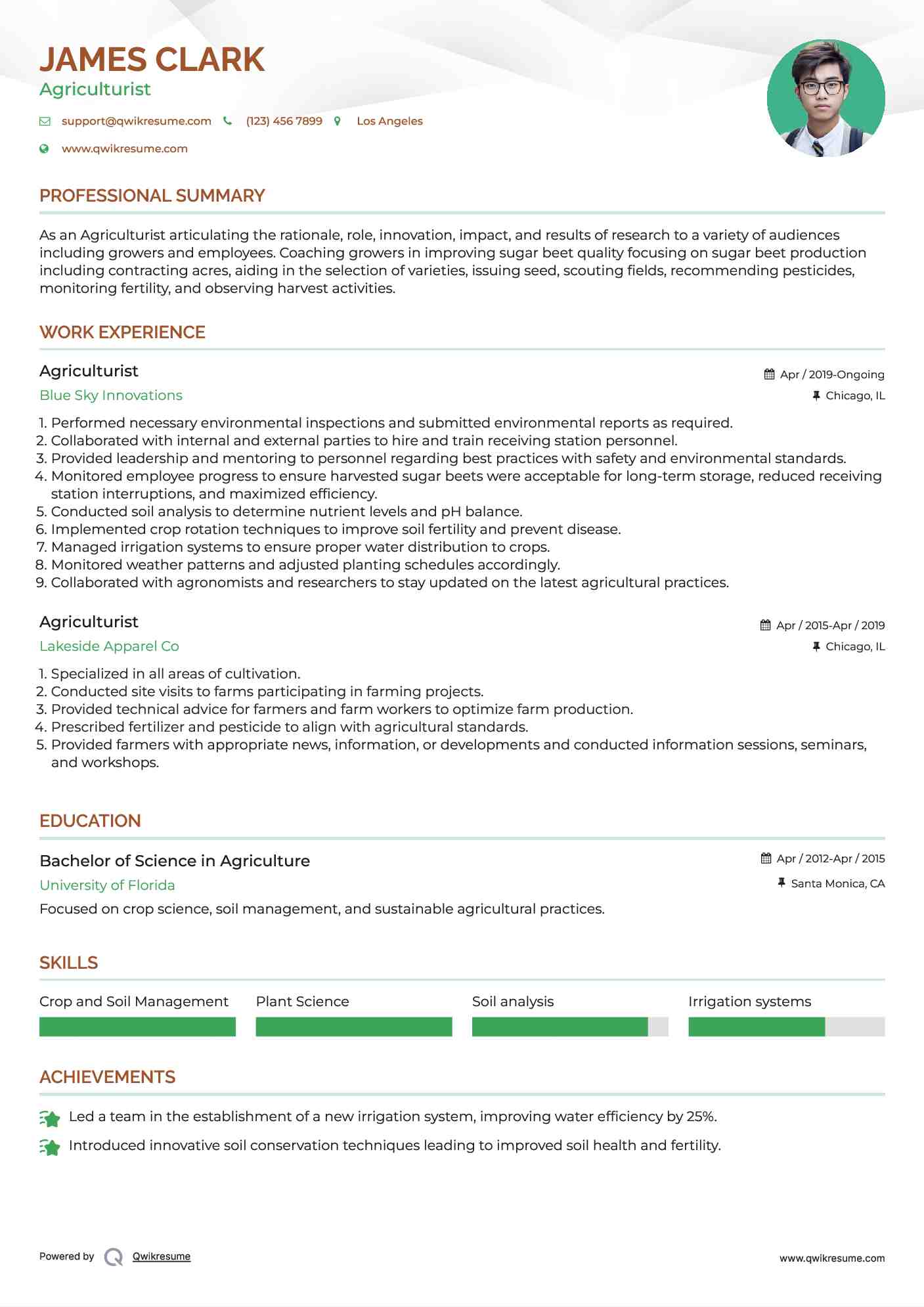 Agriculturist  Resume Example