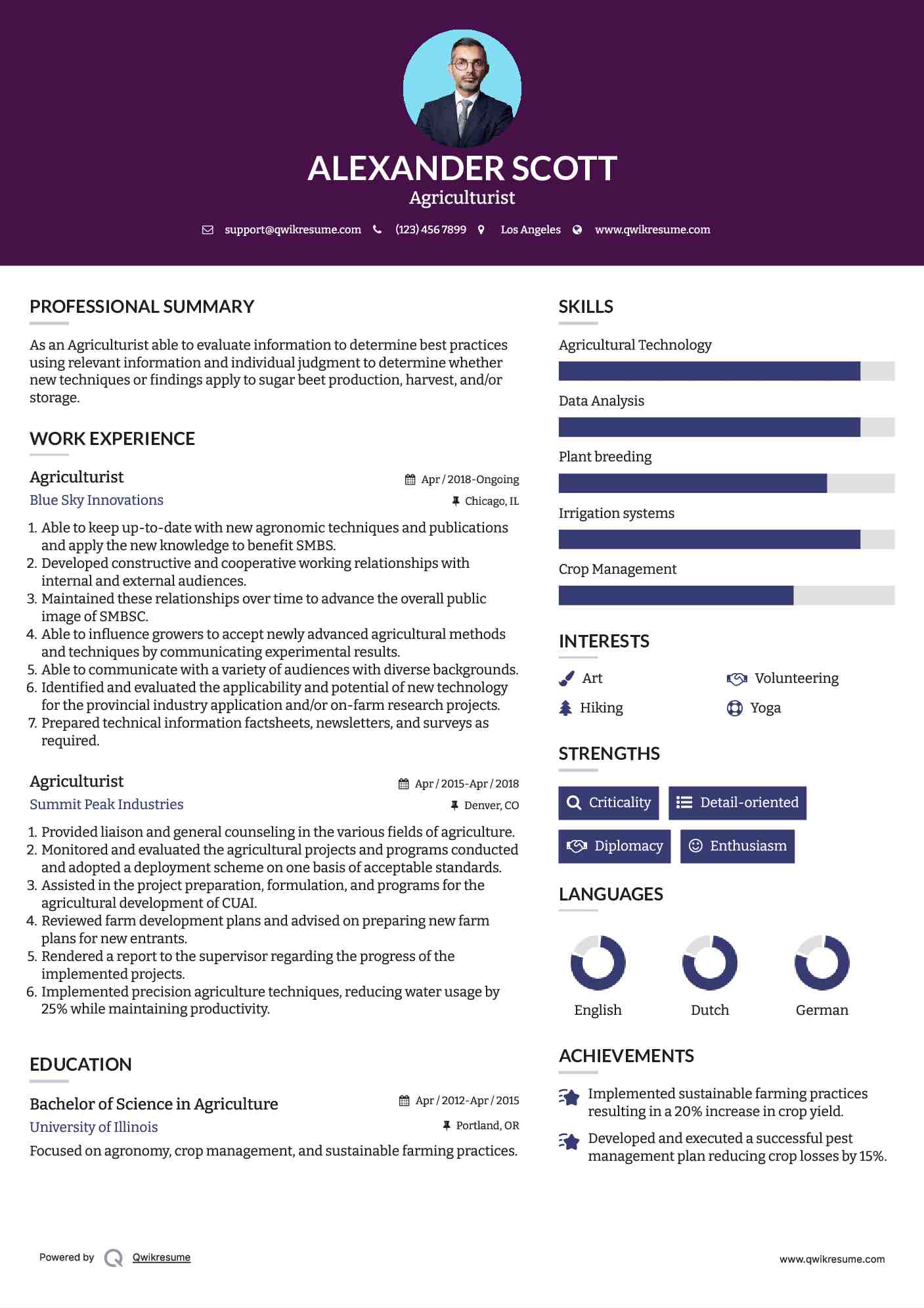 Agriculturist Resume Model