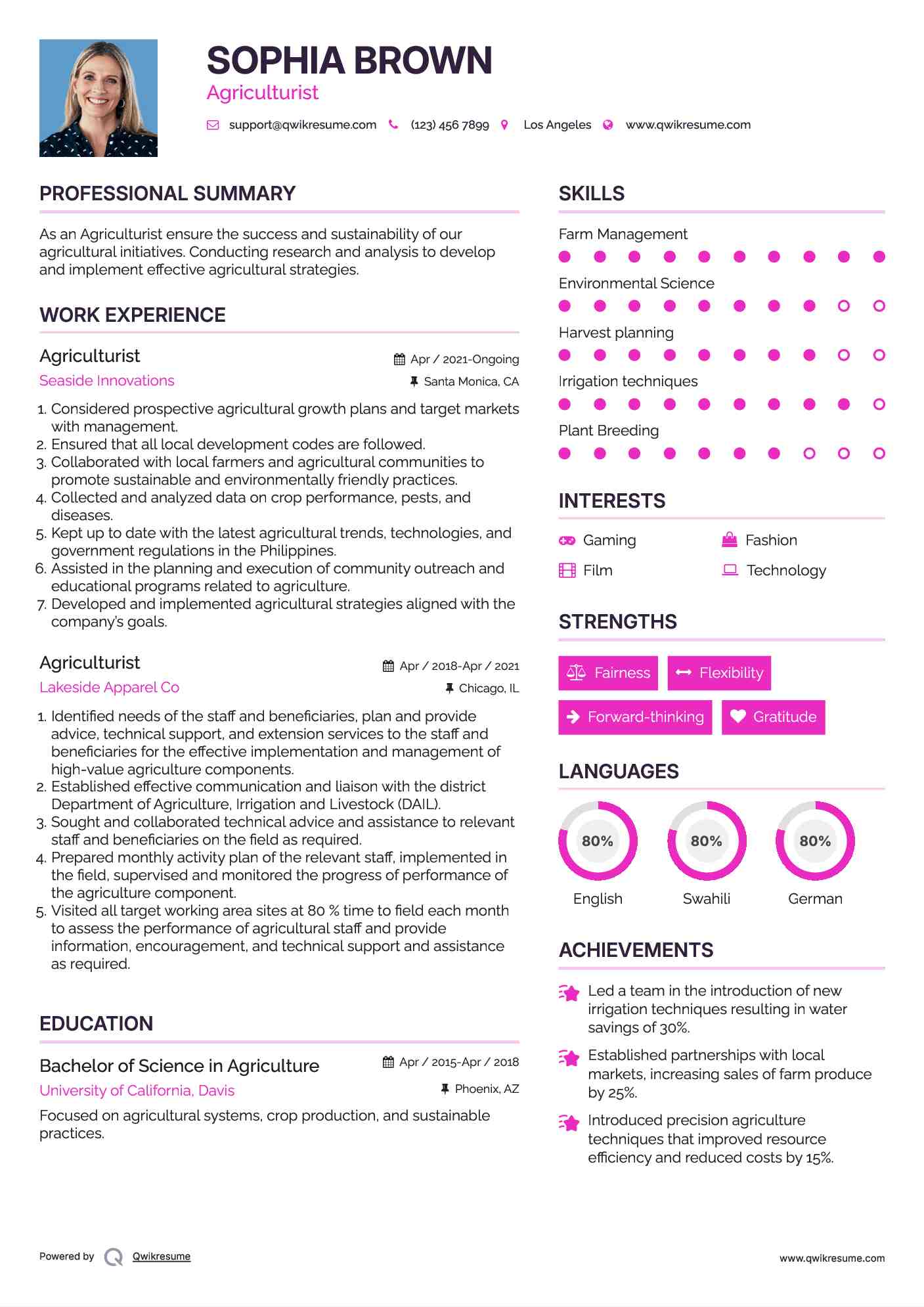 Agriculturist  Resume Sample