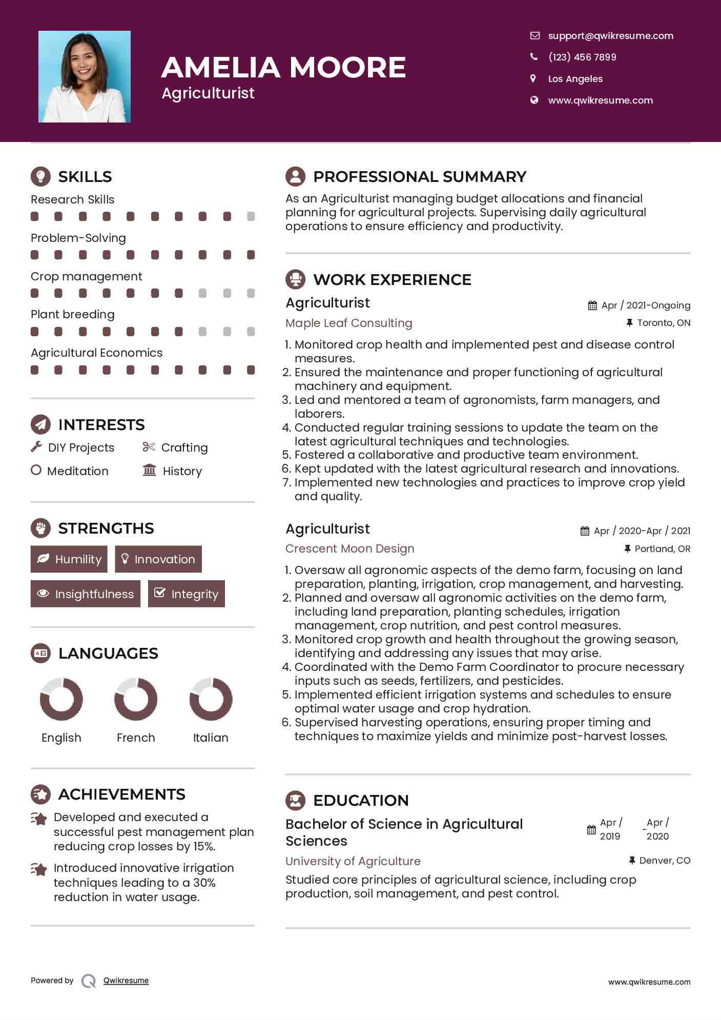 Agriculturist  Resume Model