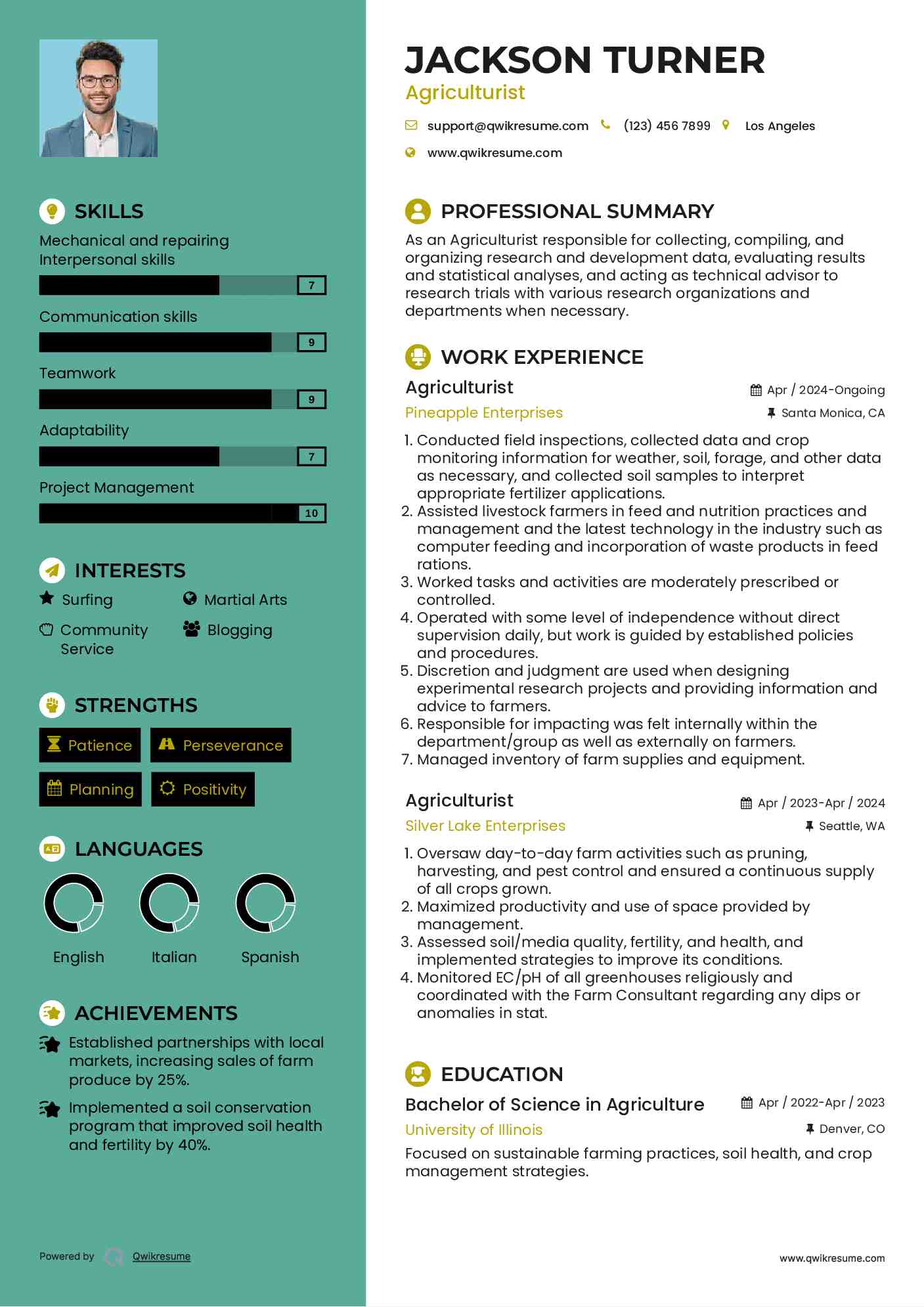 Agriculturist  Resume Sample