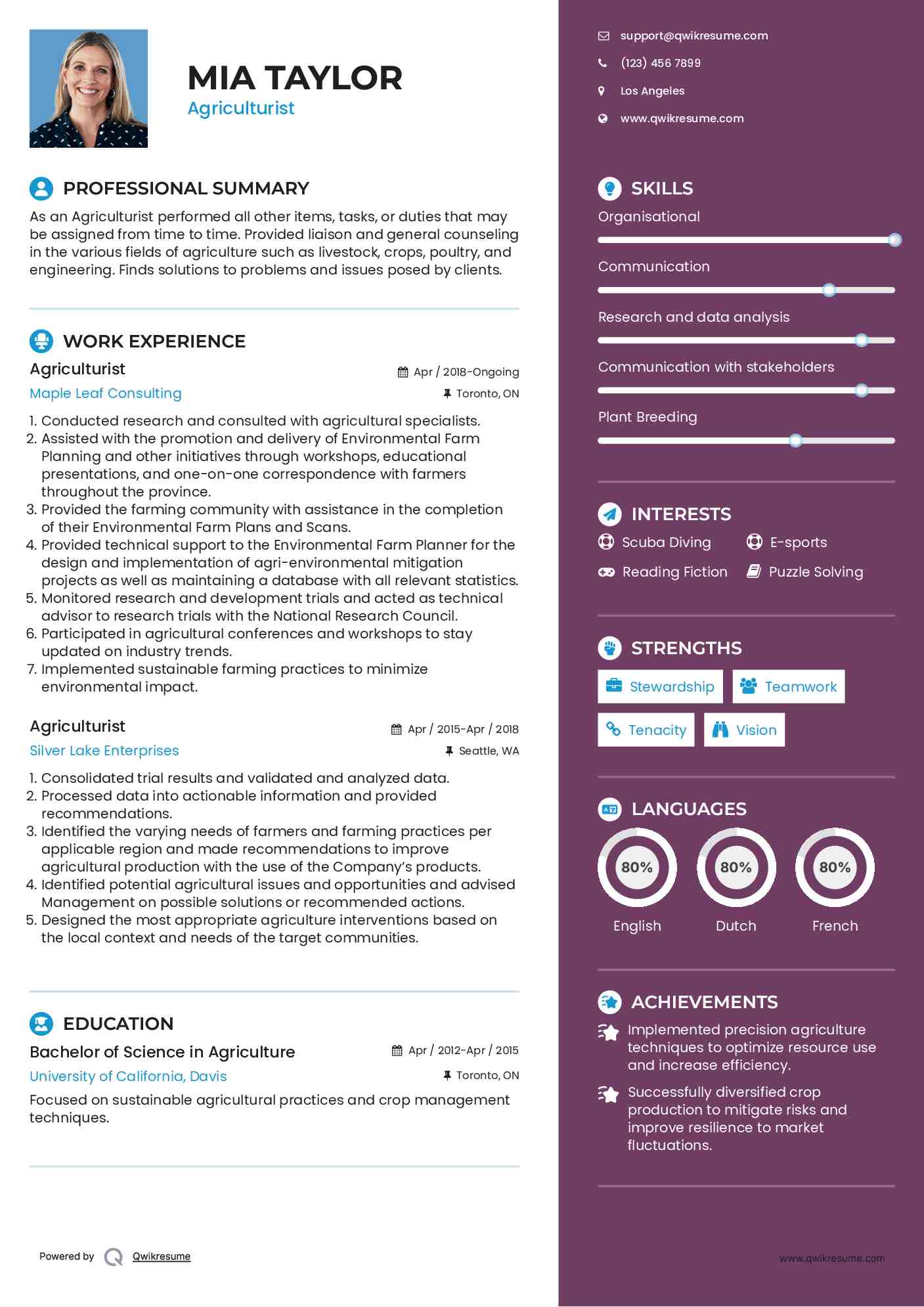 Agriculturist  Resume Example