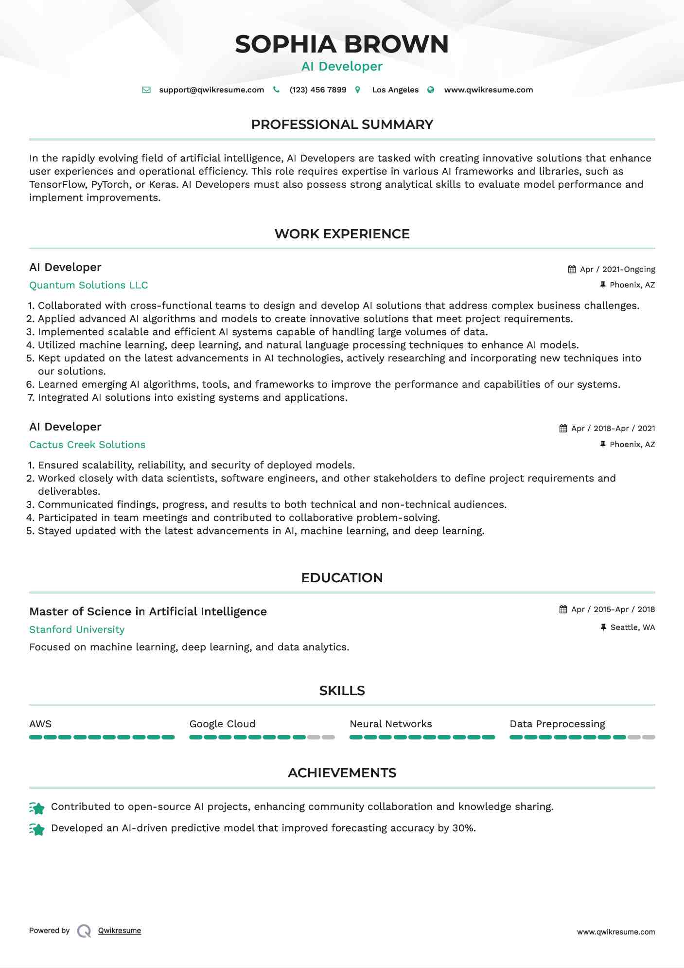 AI Developer Resume Sample