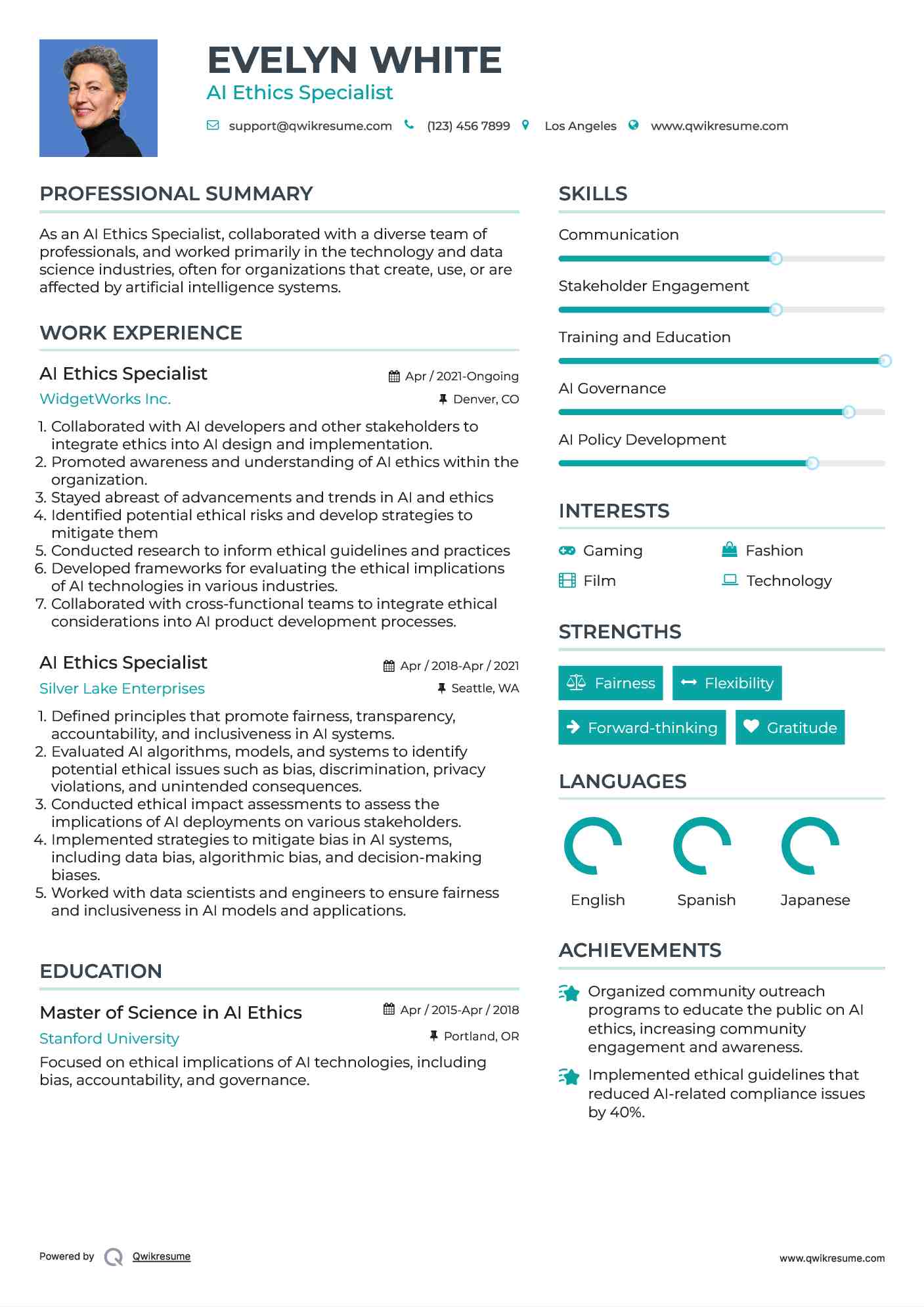 AI Ethics Specialist Resume Example