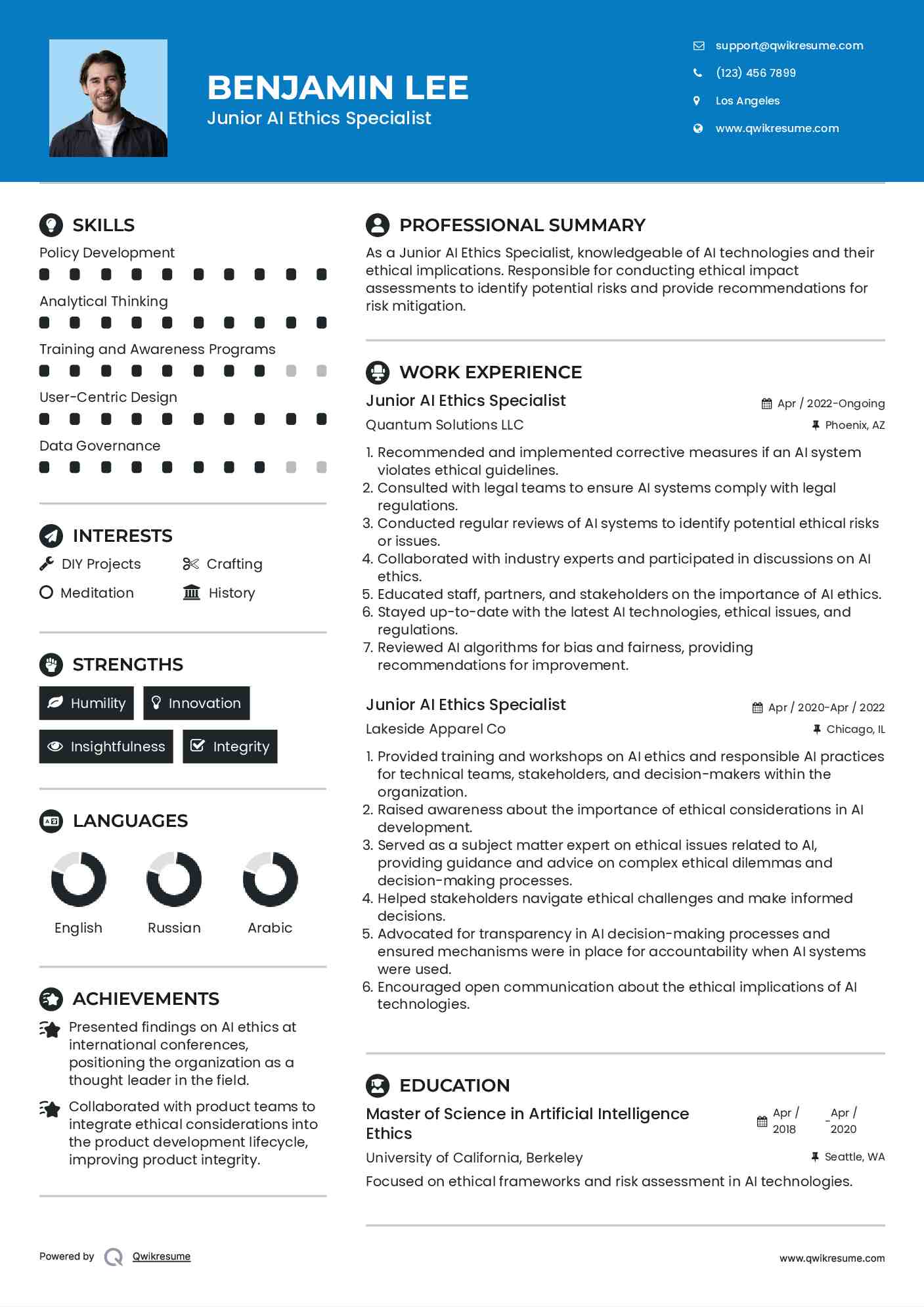 Junior AI Ethics Specialist Resume Format