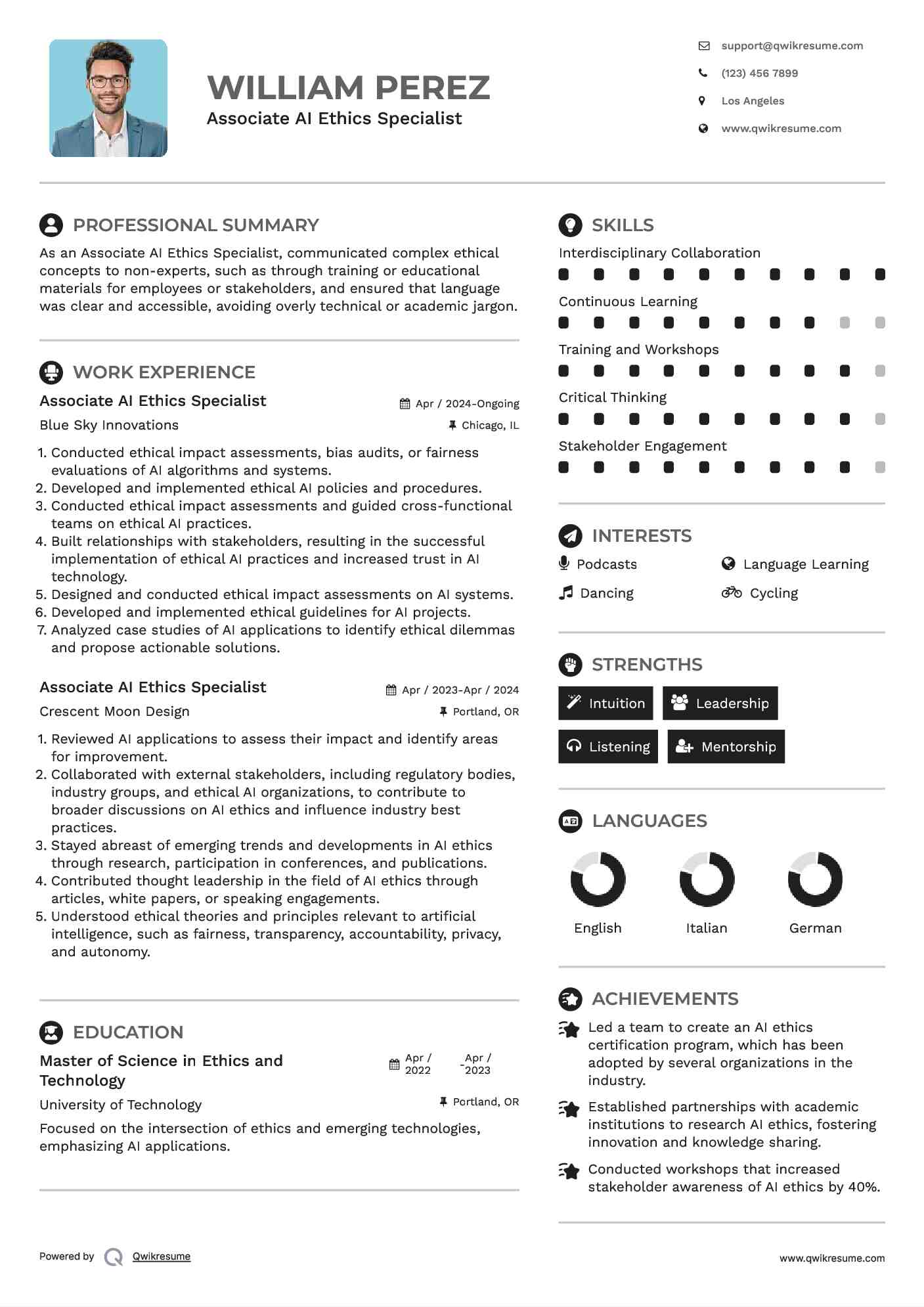 Associate AI Ethics Specialist Resume Example