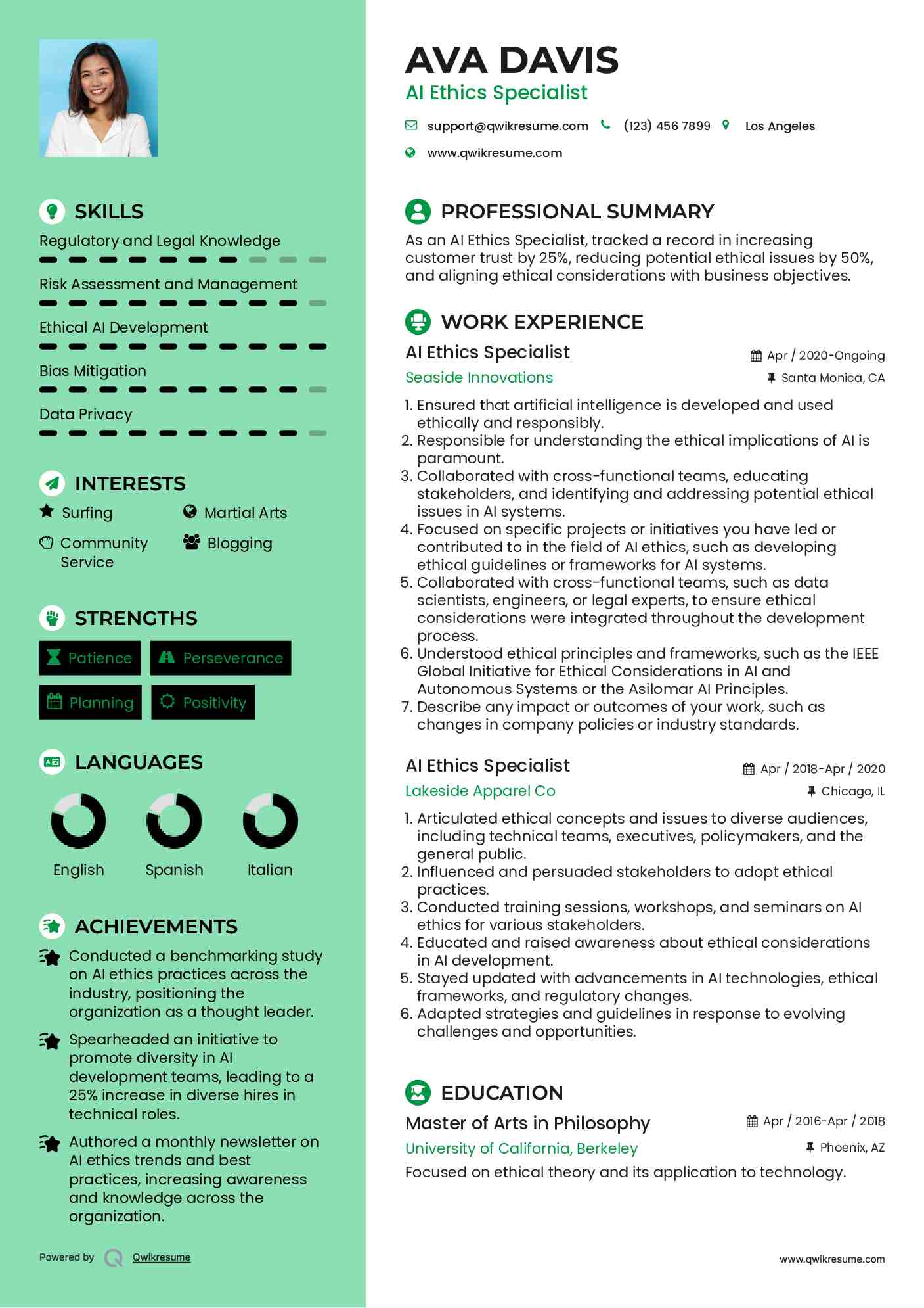 AI Ethics Specialist Resume Model