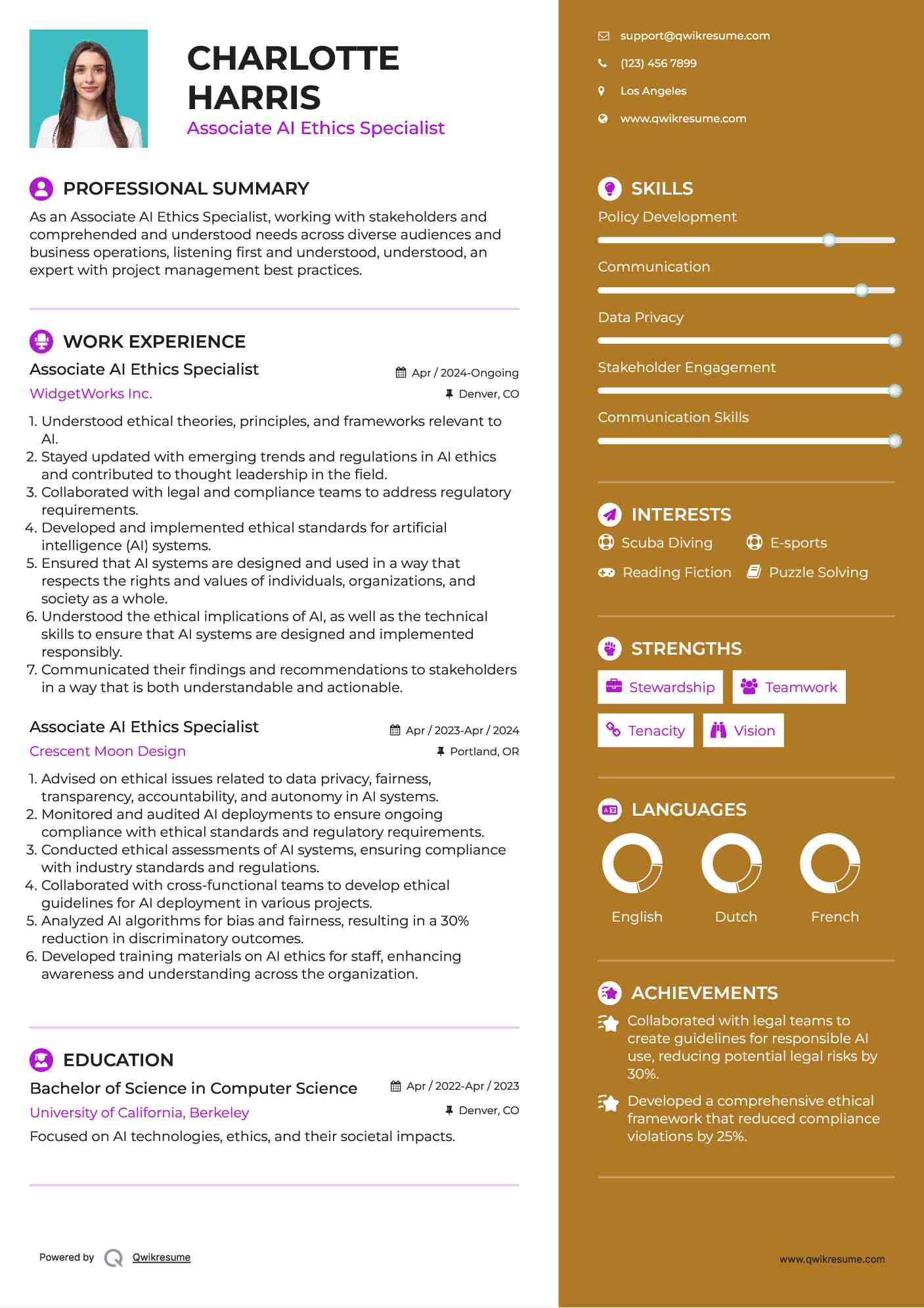 Associate AI Ethics Specialist Resume Sample