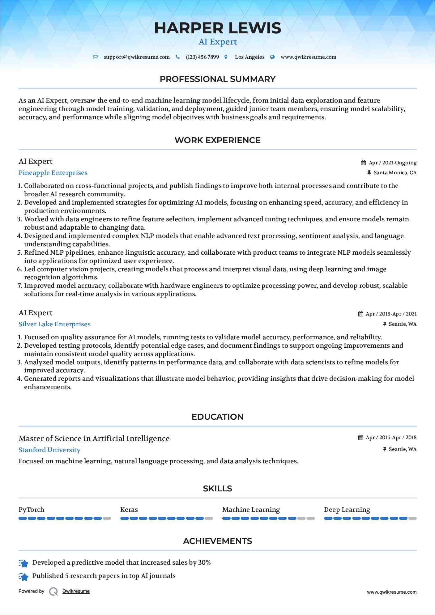 AI Expert Resume Sample