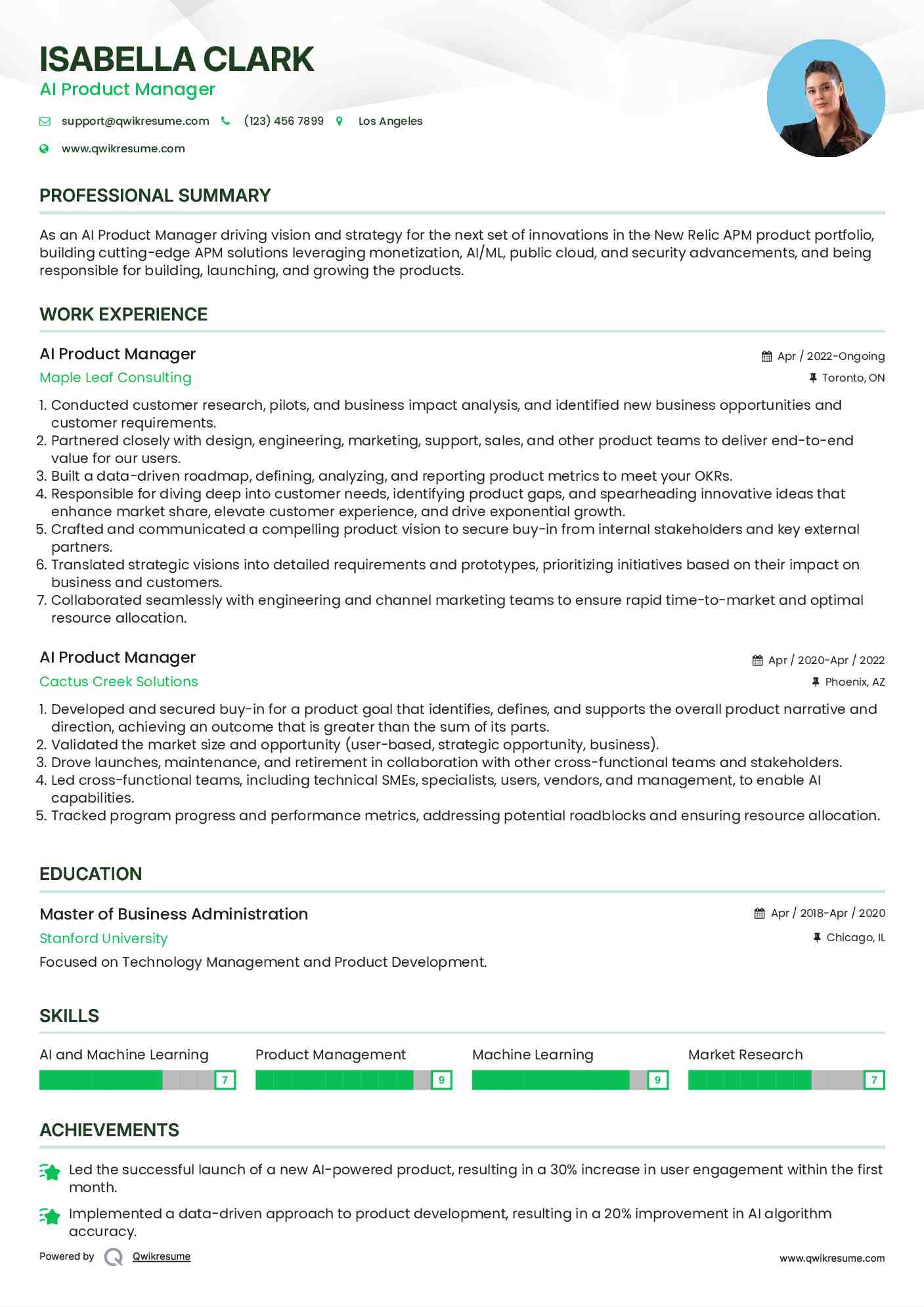 AI Product Manager Resume Sample