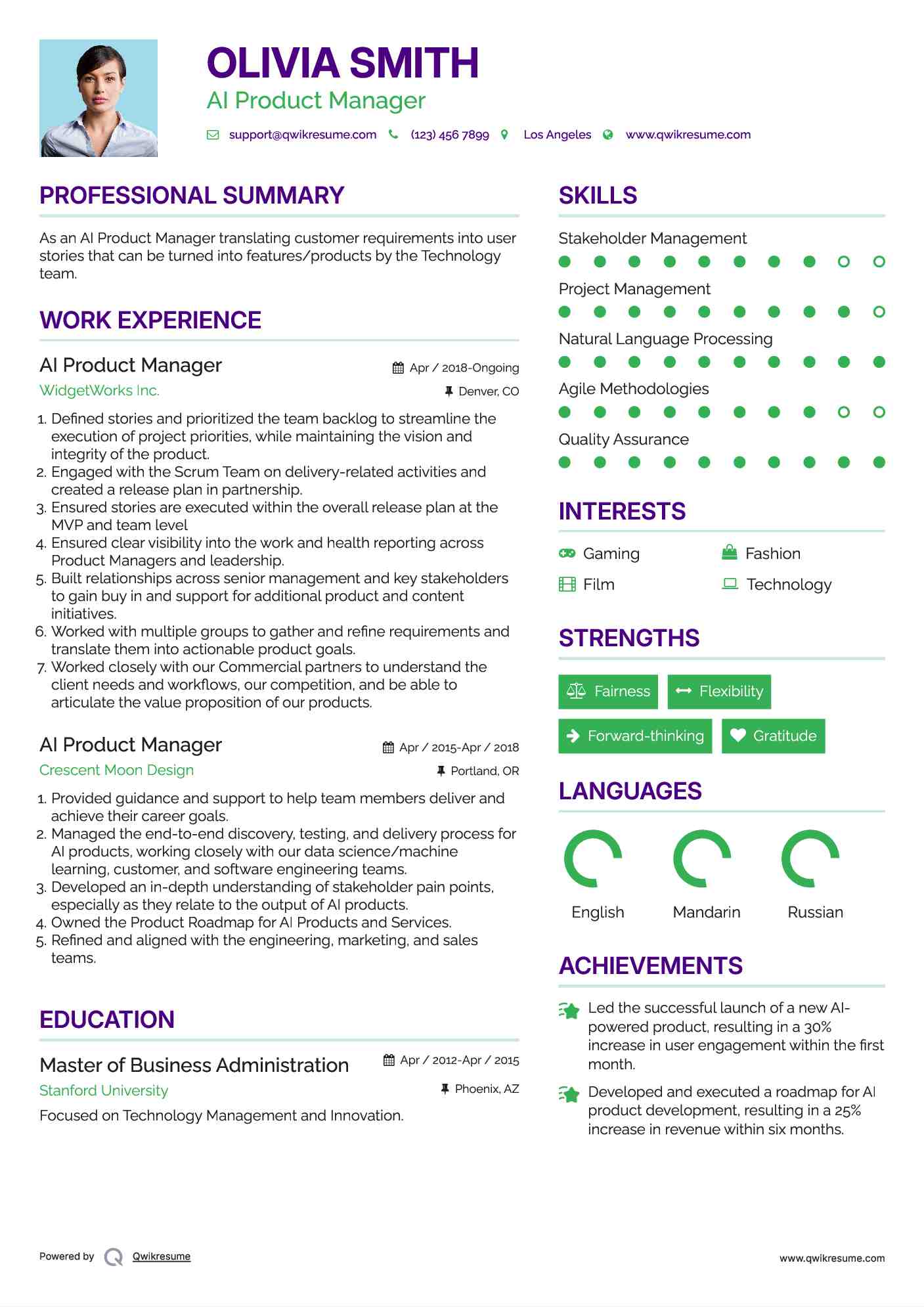 AI Product Manager Resume Model