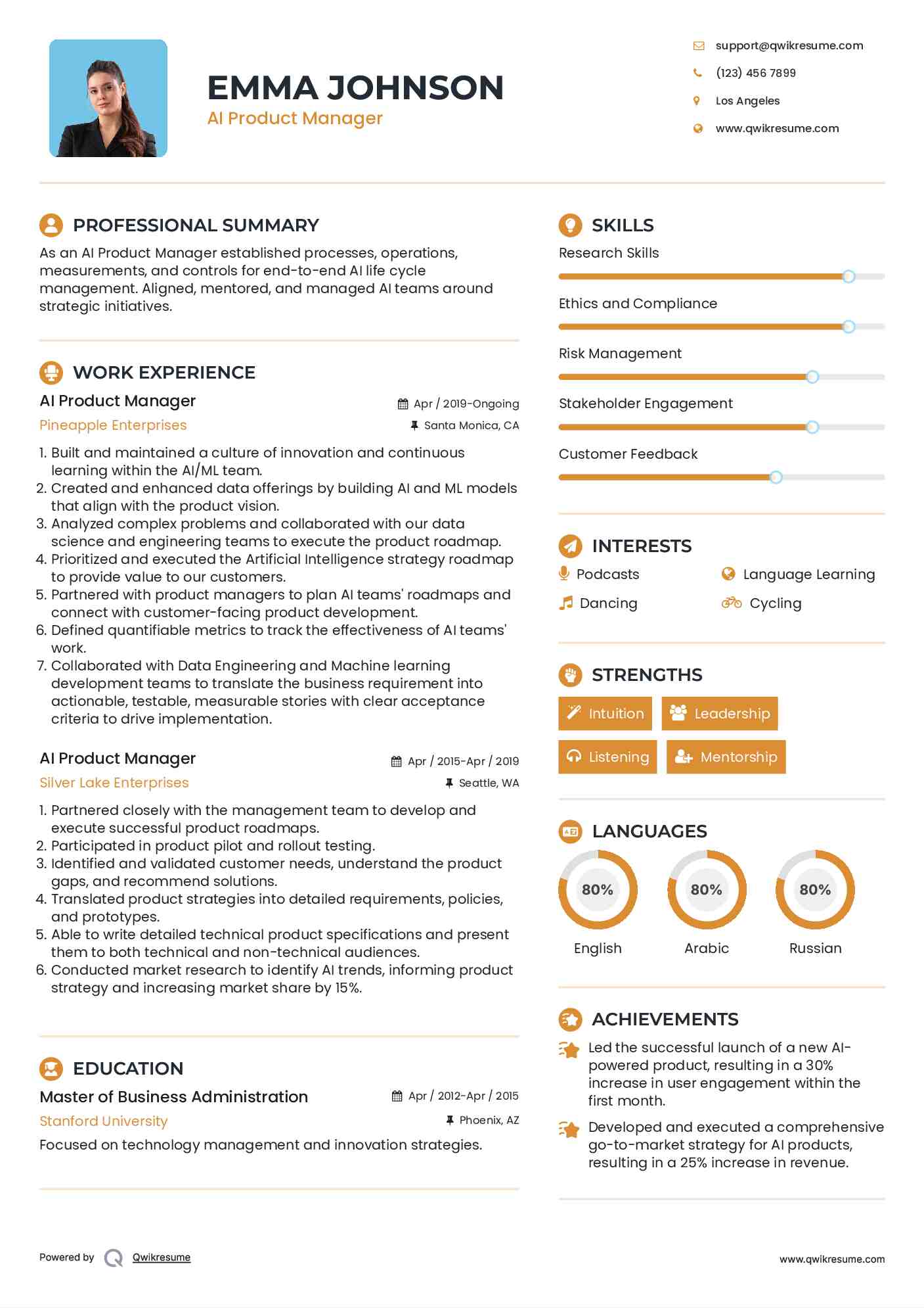AI Product Manager Resume Format