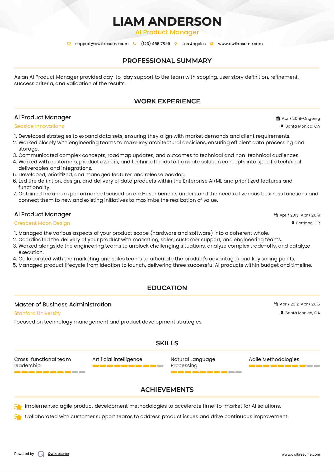 AI Product Manager Resume Sample