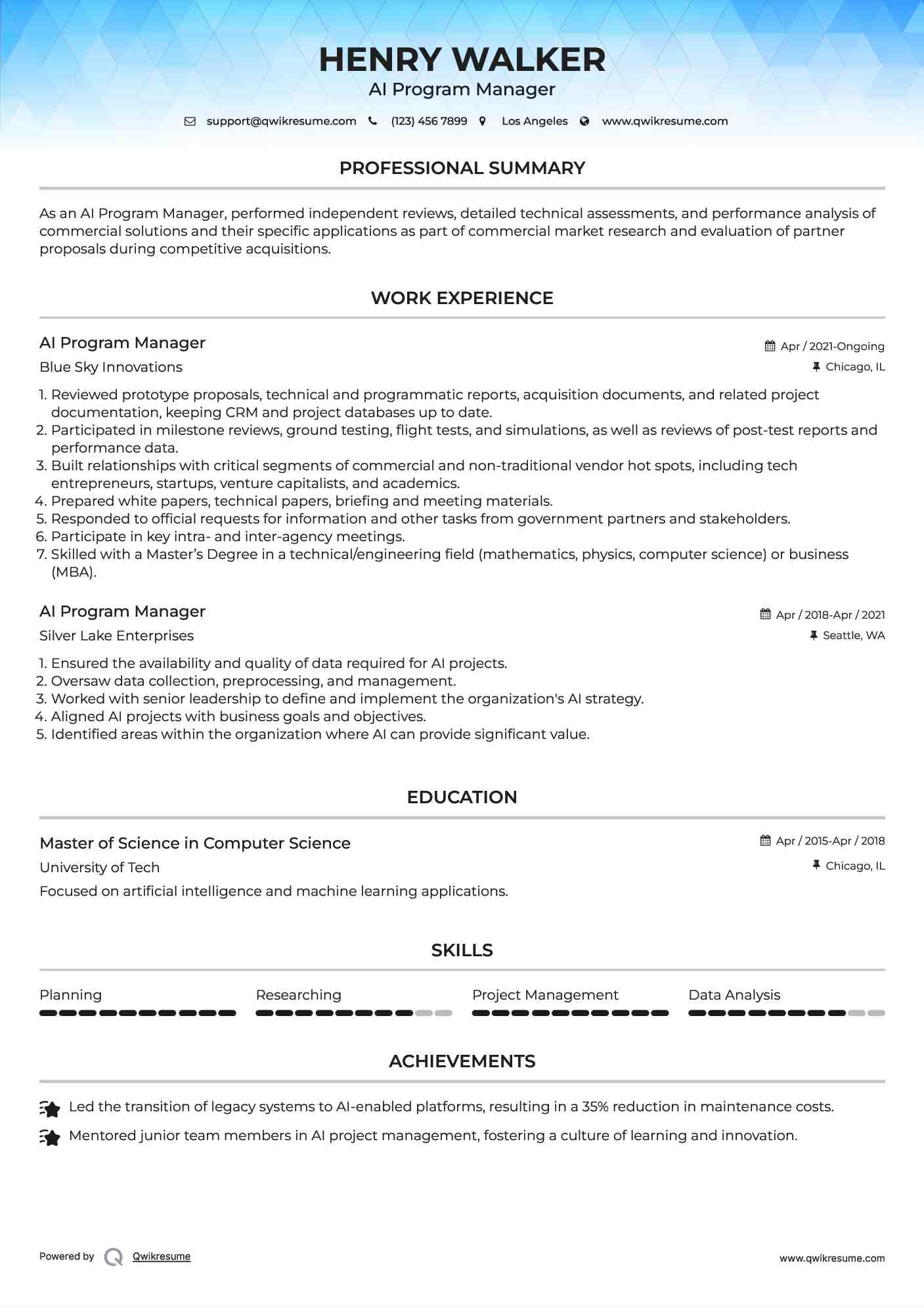 AI Program Manager Resume Sample