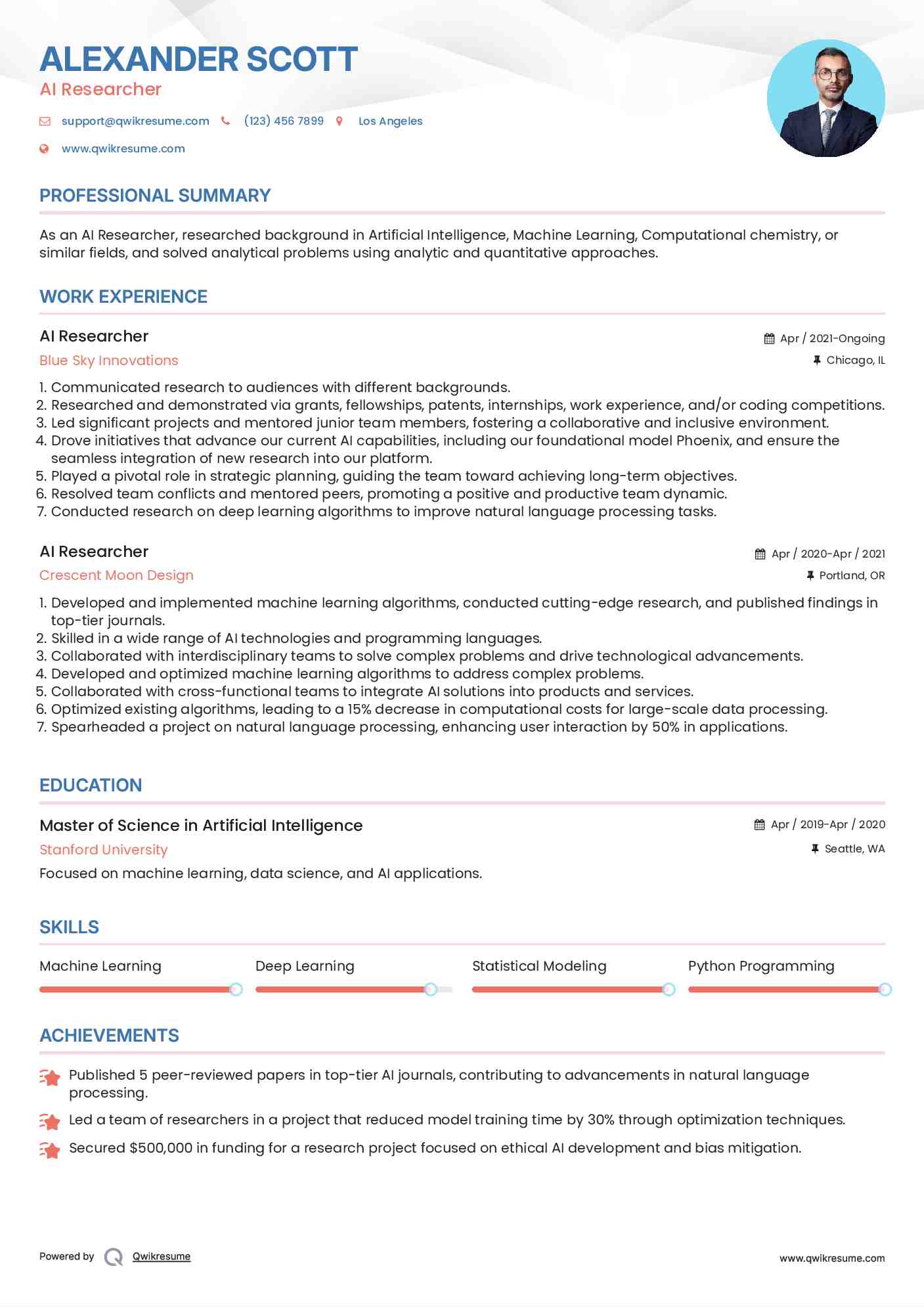 AI Researcher Resume Sample