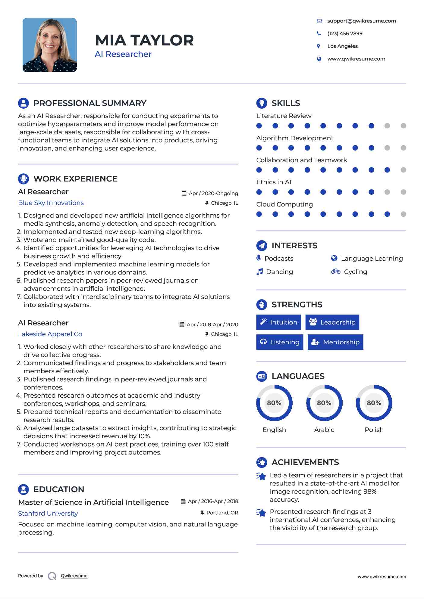 AI Researcher Resume Sample