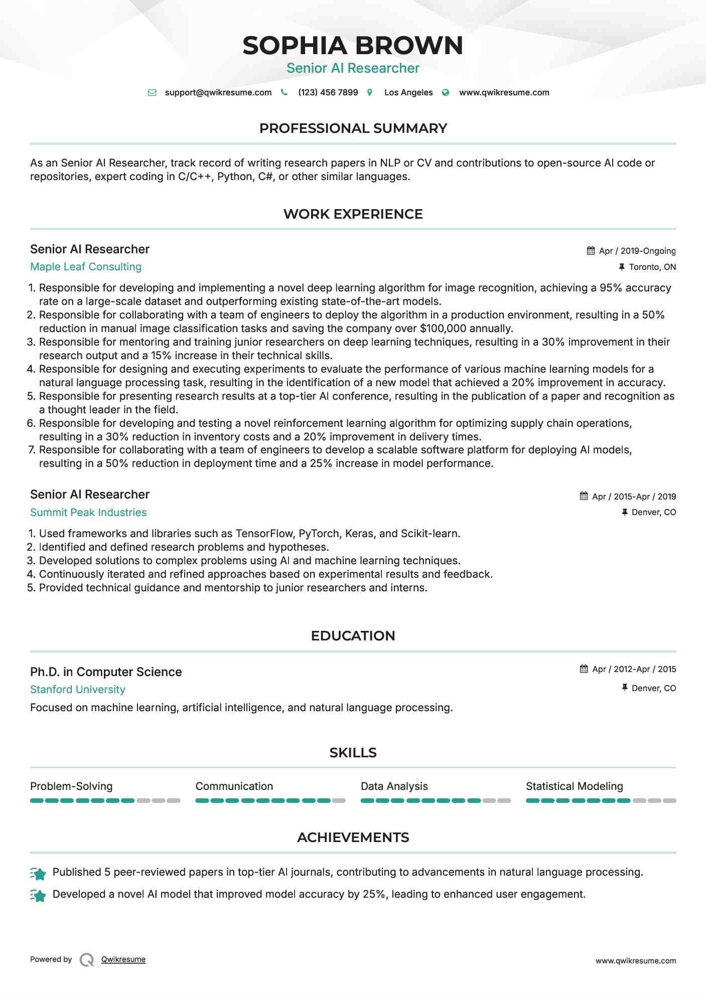 Senior AI Researcher Resume Format