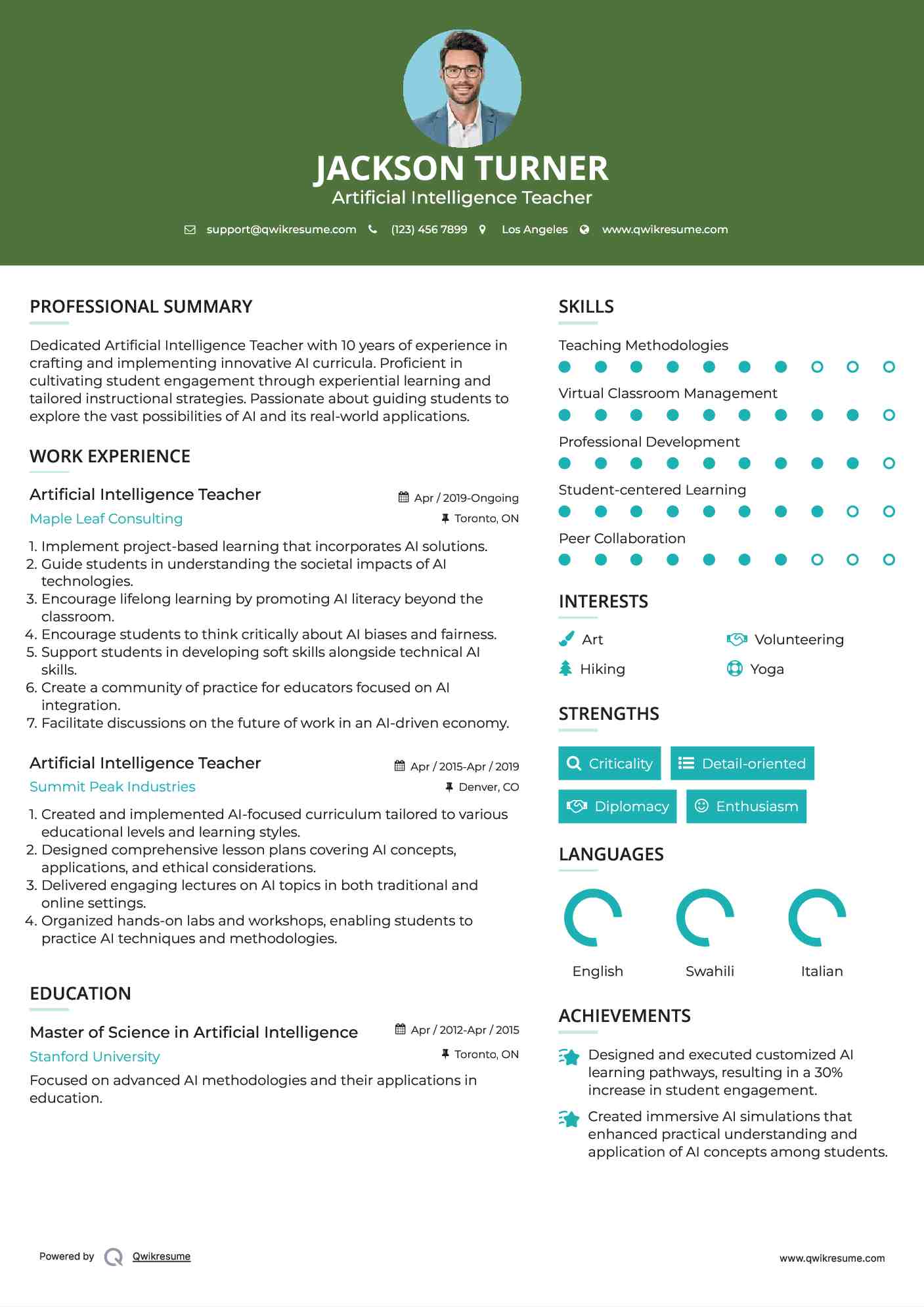 Artificial Intelligence Teacher Resume Template