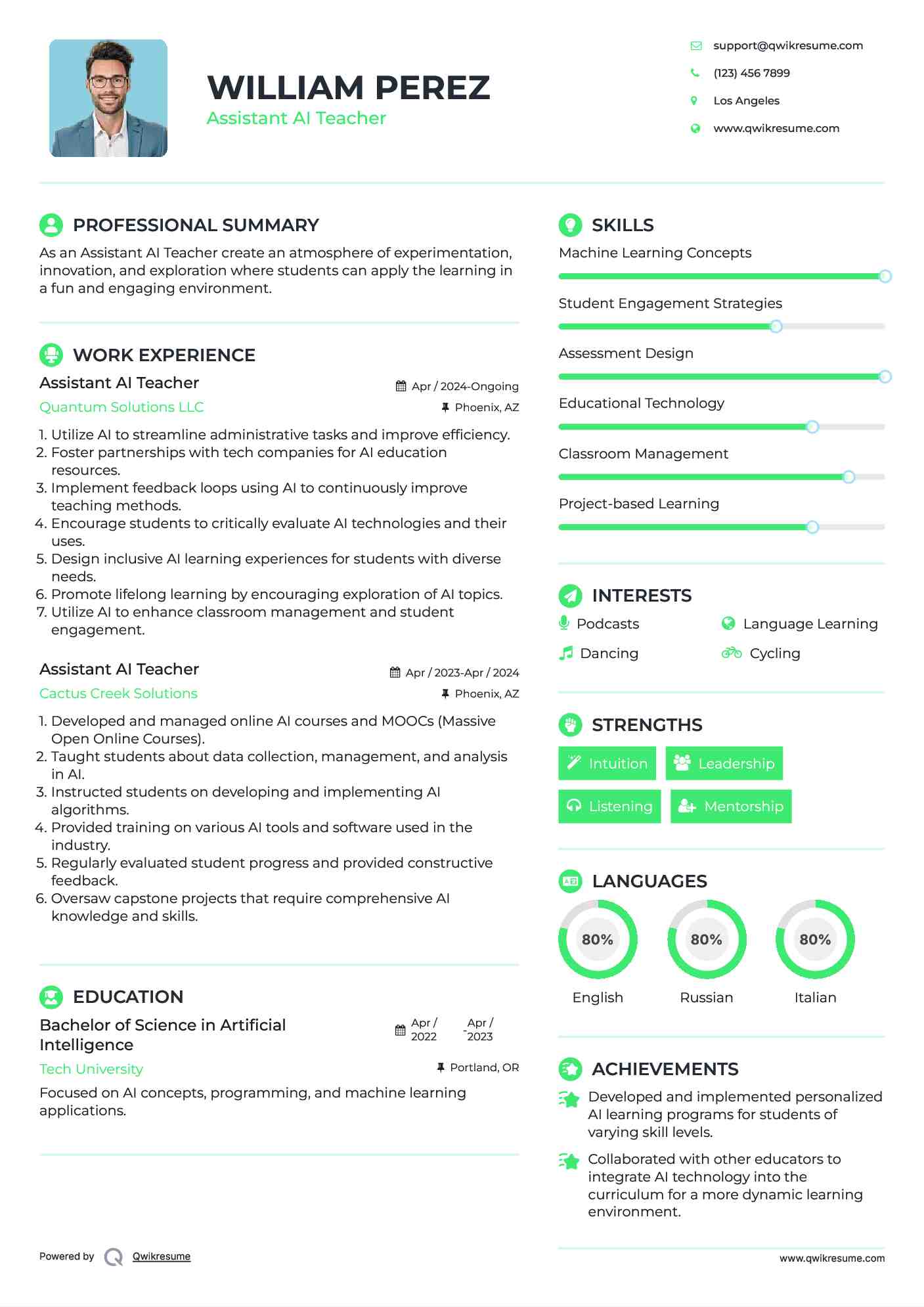 Assistant AI Teacher  Resume Example