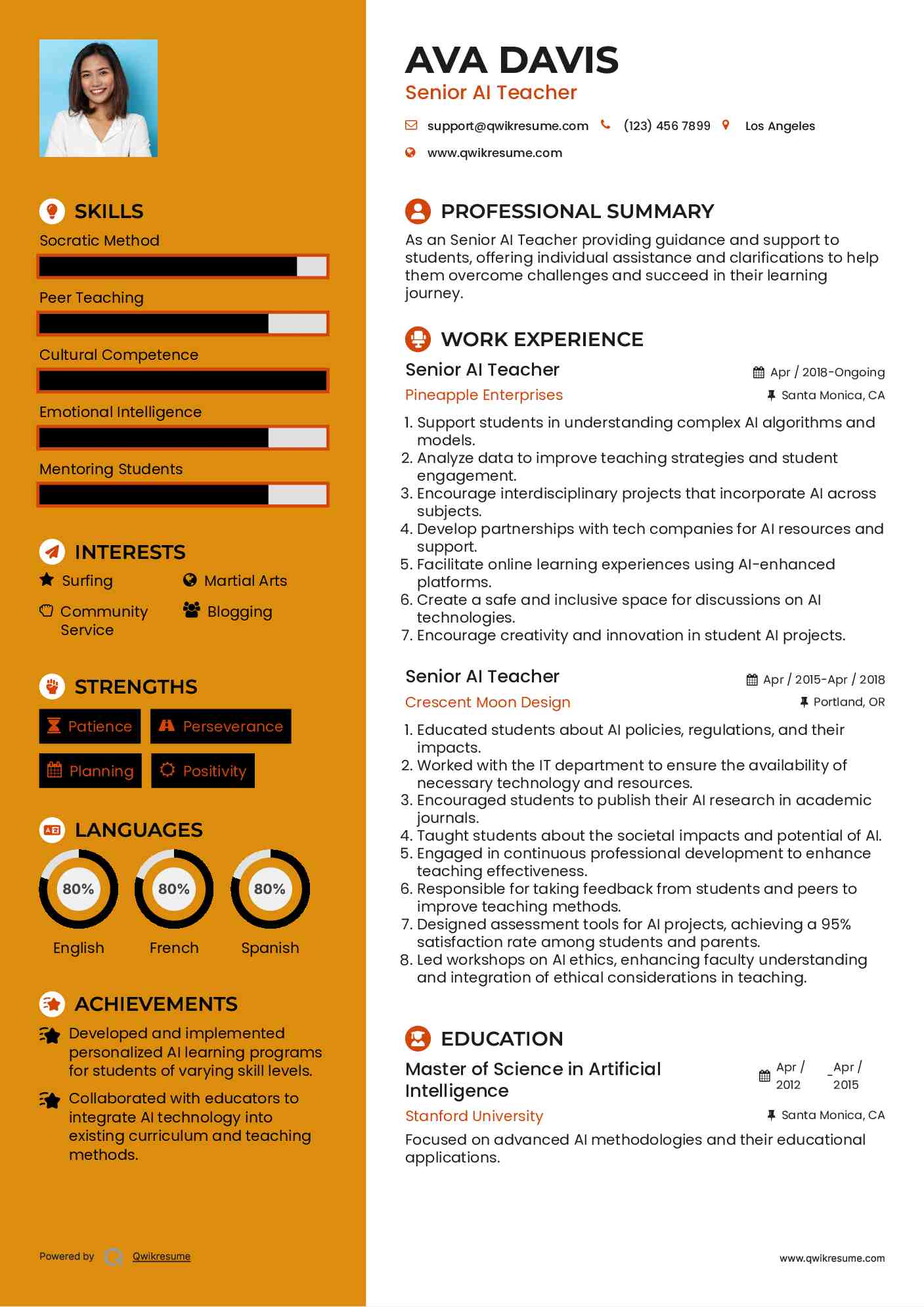  Senior AI Teacher Resume Sample