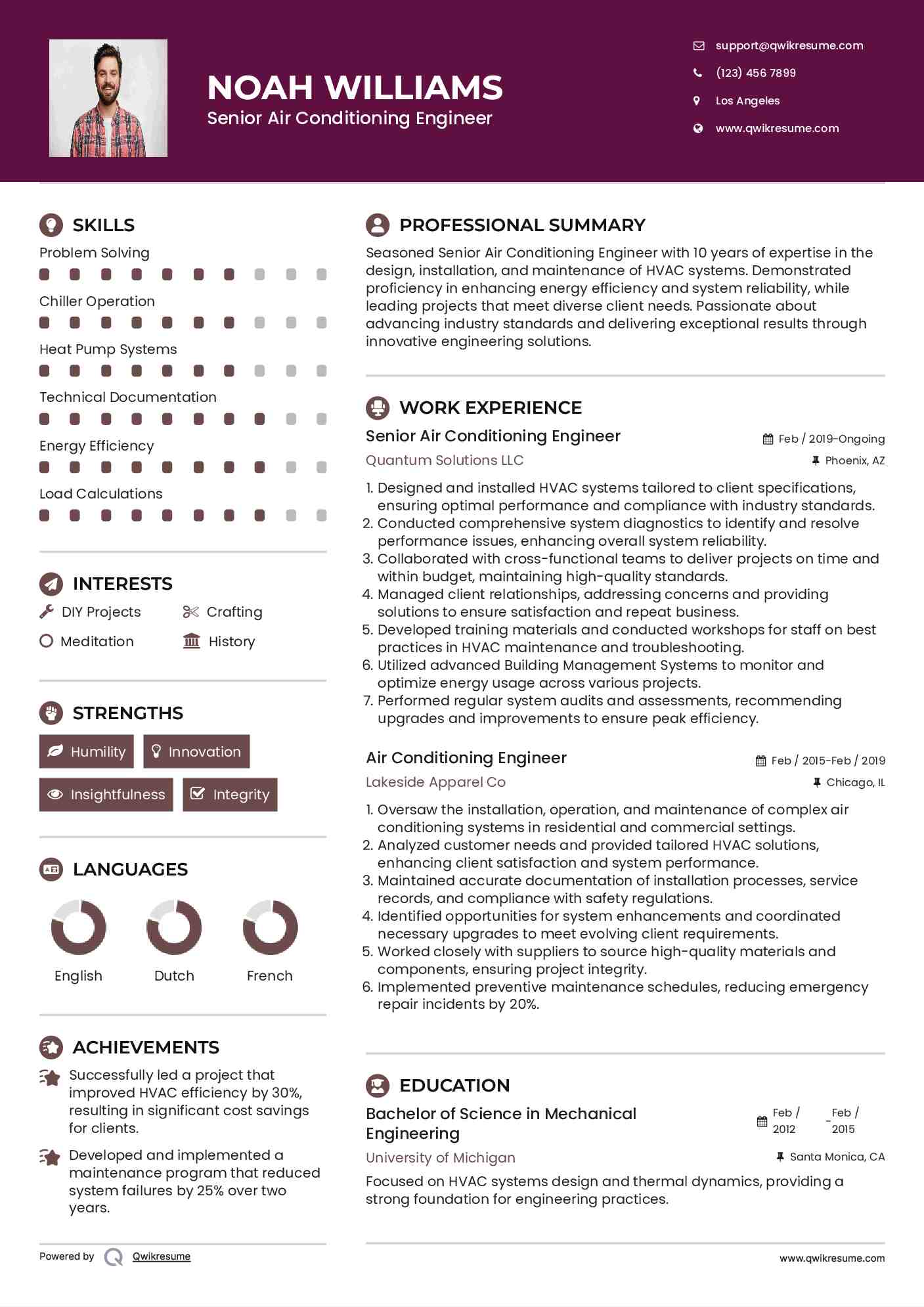 Senior Air Conditioning Engineer Resume Sample