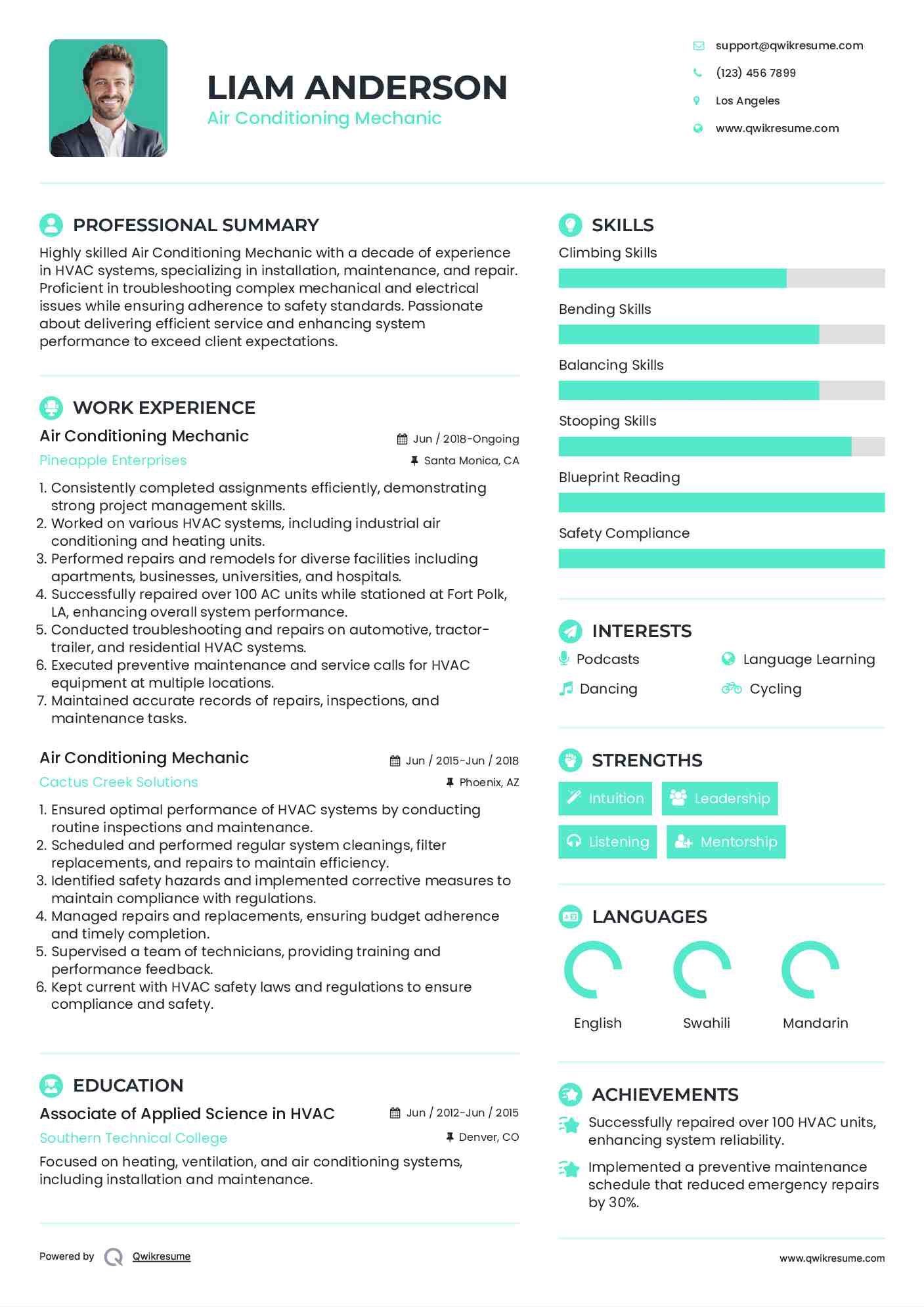 Air Conditioning Mechanic Resume Template