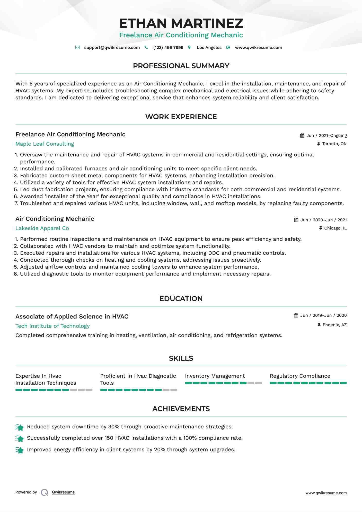 Freelance Air Conditioning Mechanic Resume Model