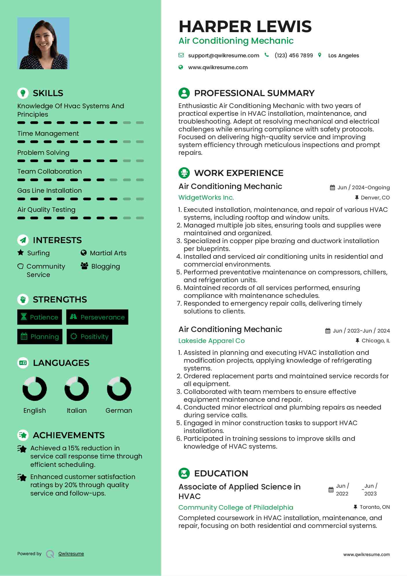 Air Conditioning Mechanic Resume Samples QwikResume