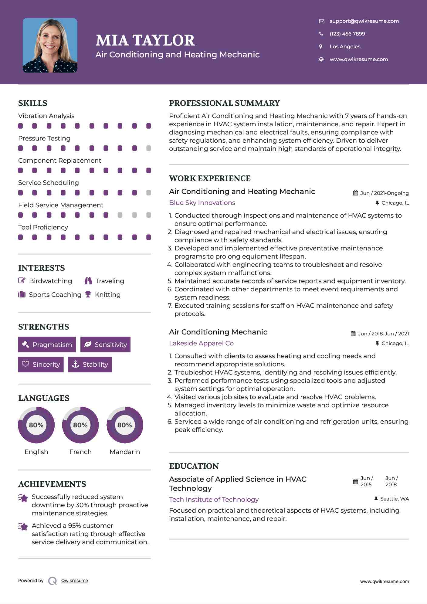 Air Conditioning and Heating Mechanic Resume Example
