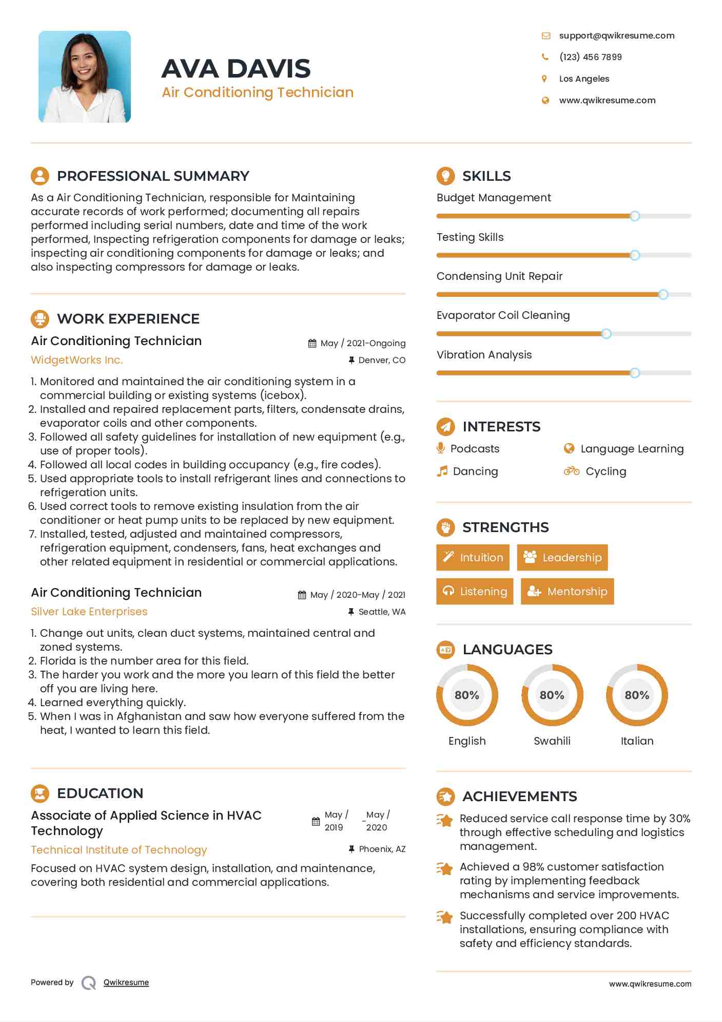 Air Conditioning Technician Resume Example