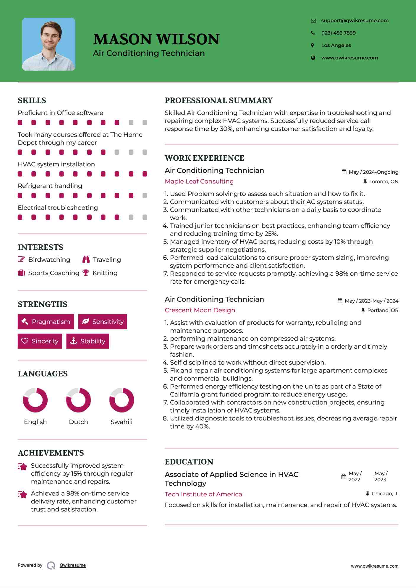Air Conditioning Technician Resume Example