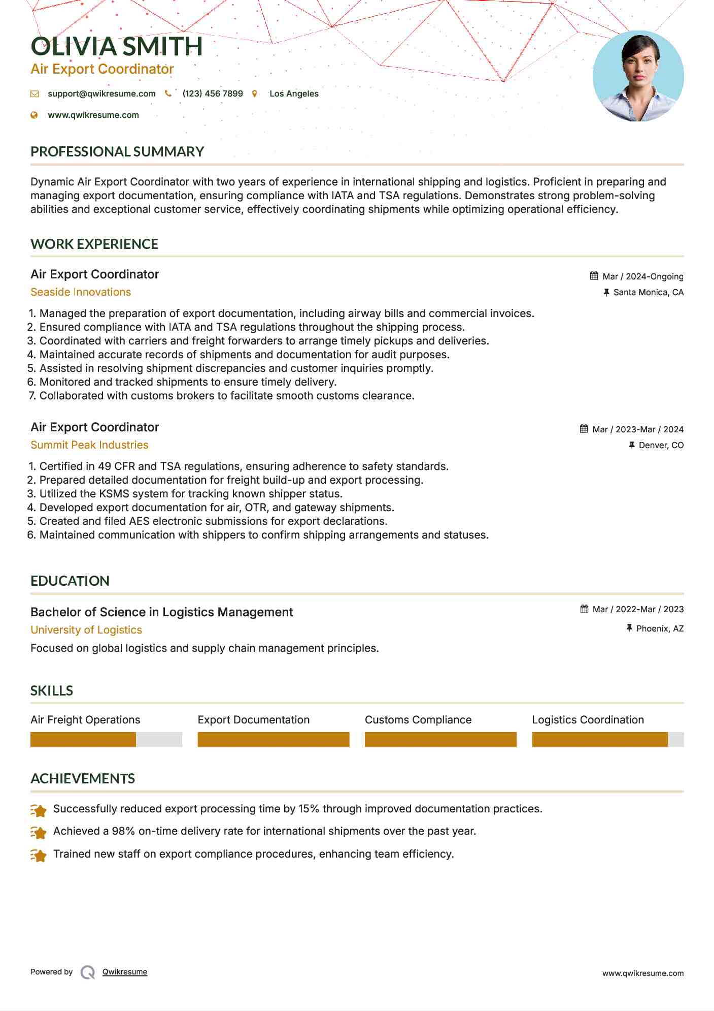 Air Export Coordinator Resume Model