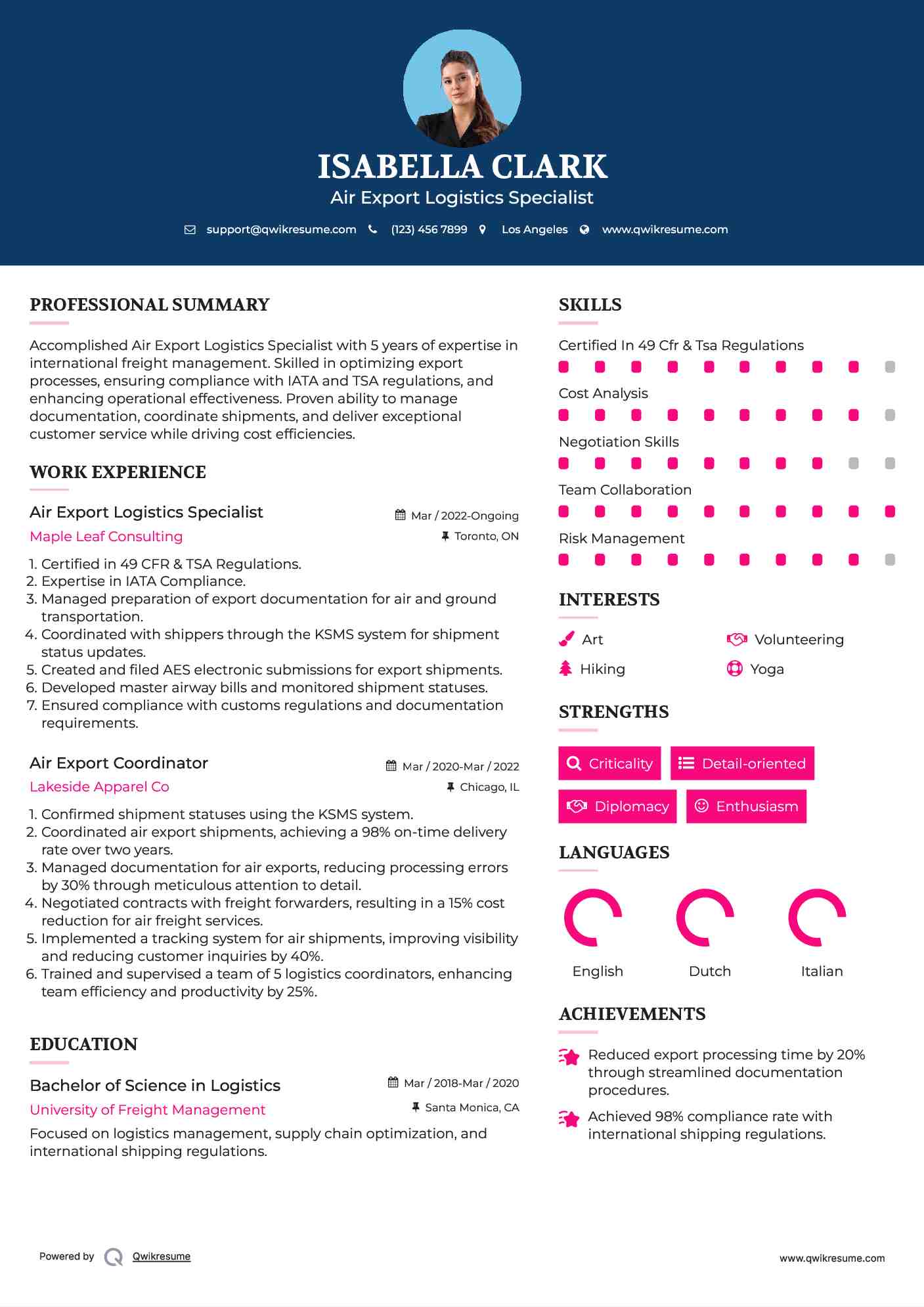 Air Export Logistics Specialist Resume Template