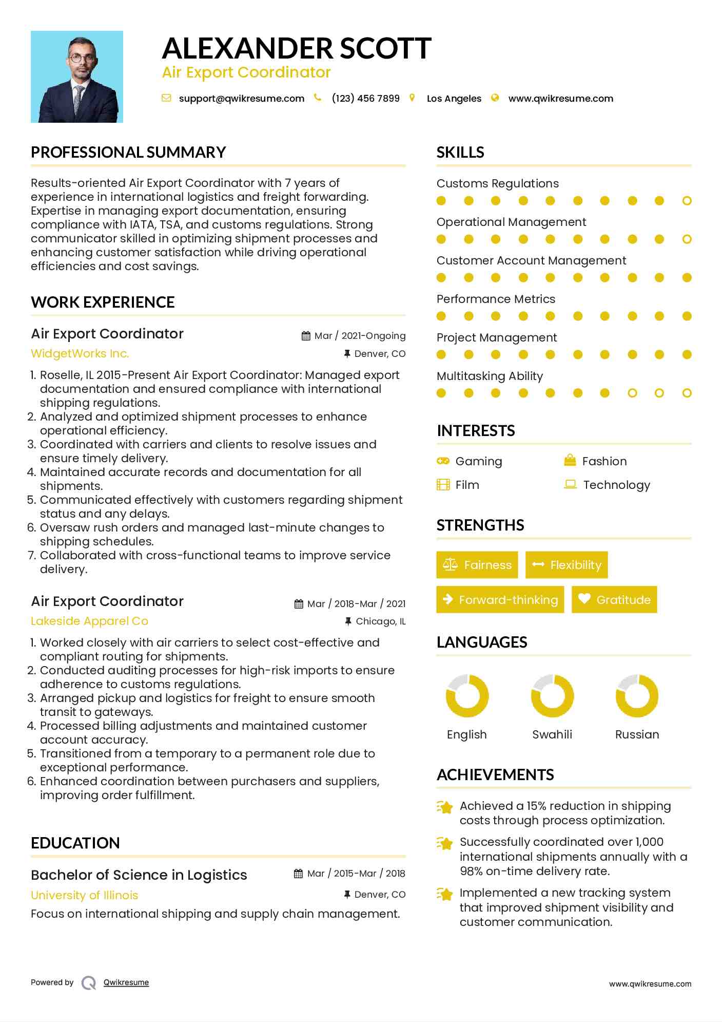 Air Export Coordinator Resume Sample