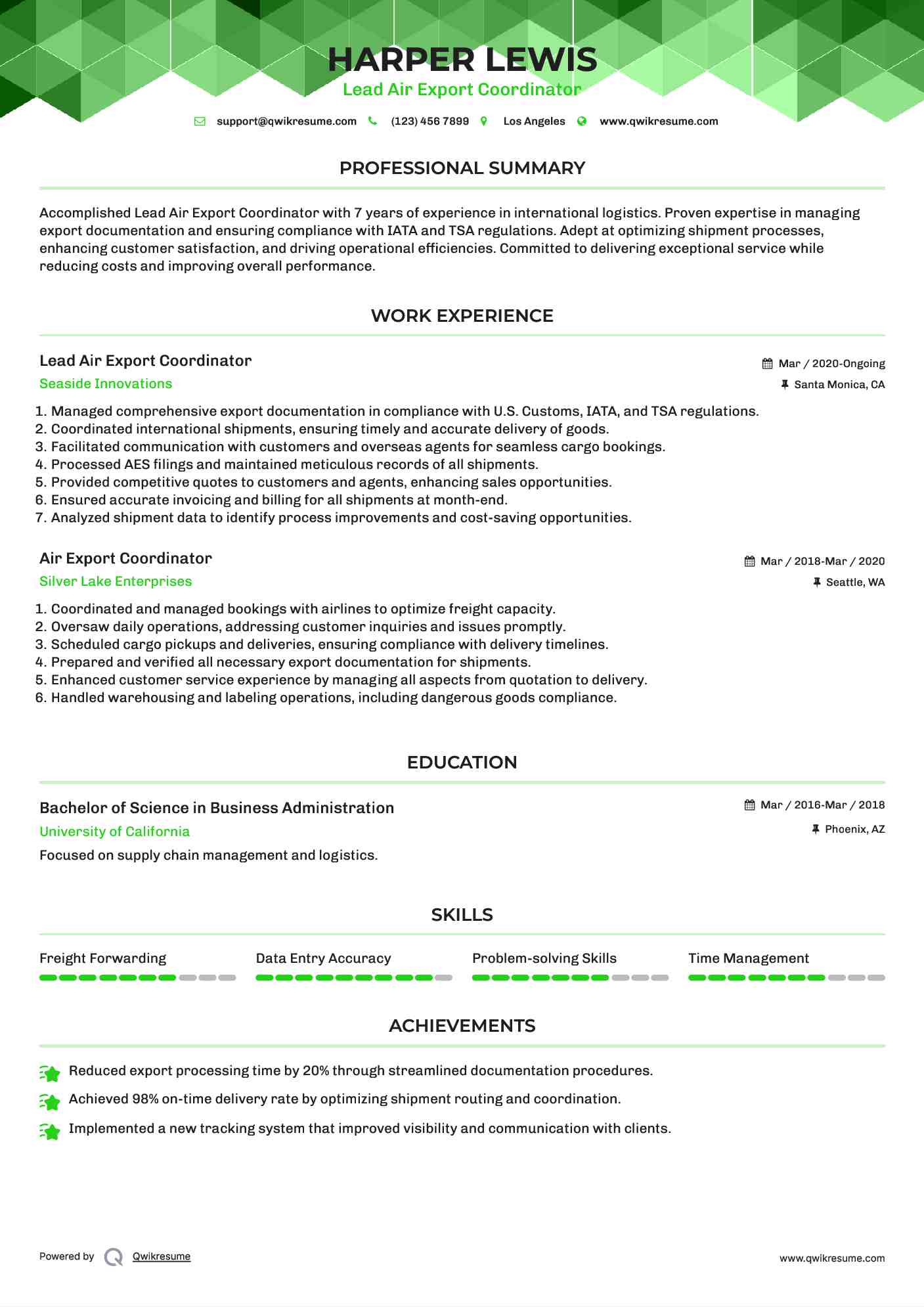 Lead Air Export Coordinator Resume Model